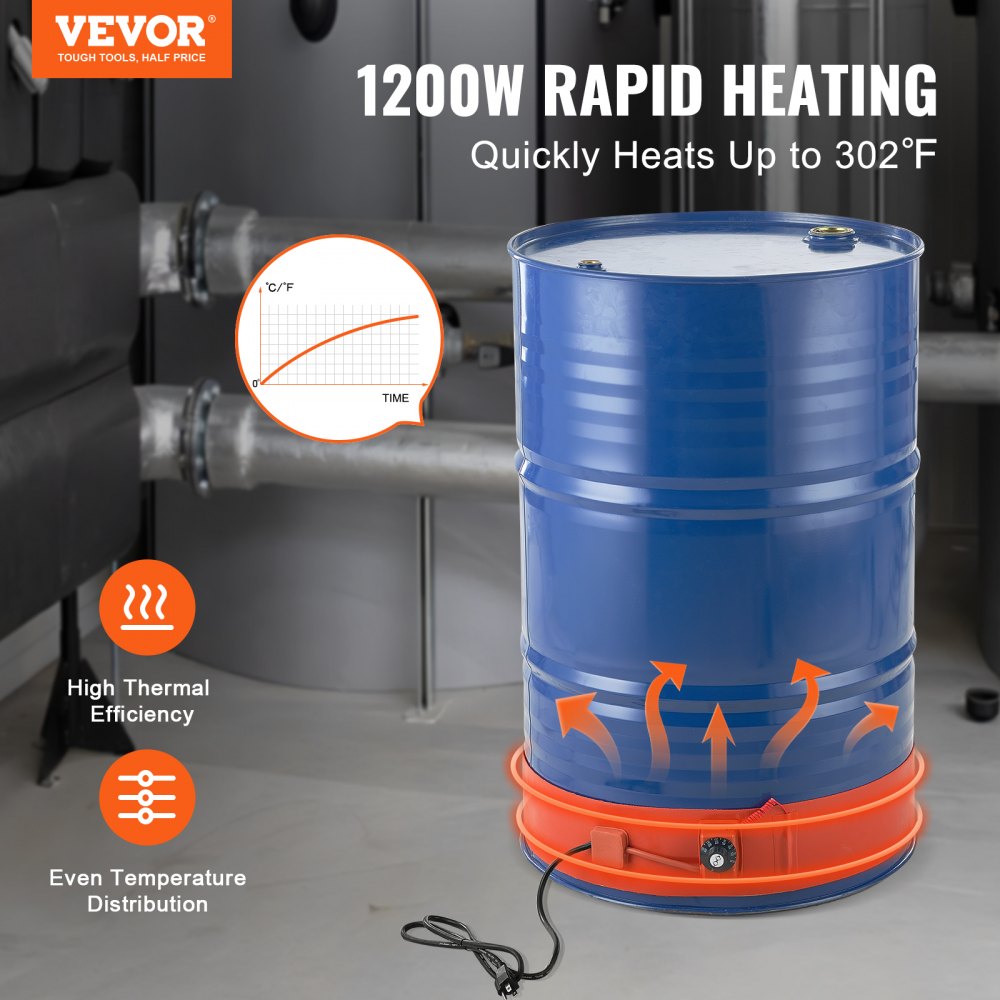 VEVOR Metal Drum Heater, 1200 Watts, 5 Inch Wide, Bucket Heating Band for 55-Gallon Drums, Adjustable Thermostat from 86-302°F, High-Efficiency Silicone Grease Drum Heater, CE Approved, Orange