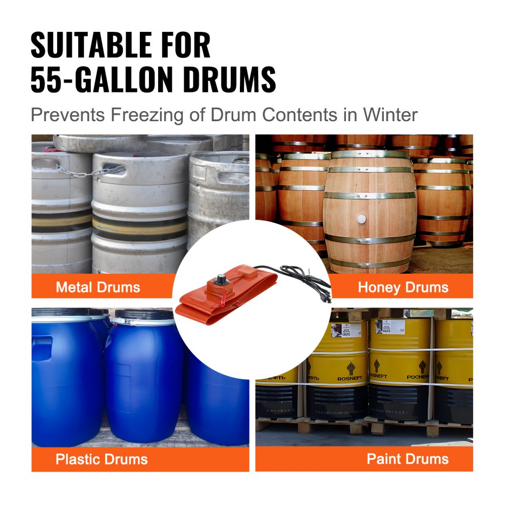 VEVOR Metal Drum Heater, 1200 Watts, 5 Inch Wide, Bucket Heating Band for 55-Gallon Drums, Adjustable Thermostat from 86-302°F, High-Efficiency Silicone Grease Drum Heater, CE Approved, Orange