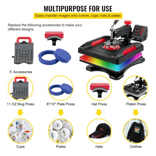 VEVOR Prensa de Calor 5 en 1 Placa 38 x 38 cm Máquina de Prensa de Calor Roja 1000 W Giratoria de 360 Grados Pantalla Digital Anti-Quemaduras Prensa de Transferencia para Camiseta Taza Sombrero Tapa