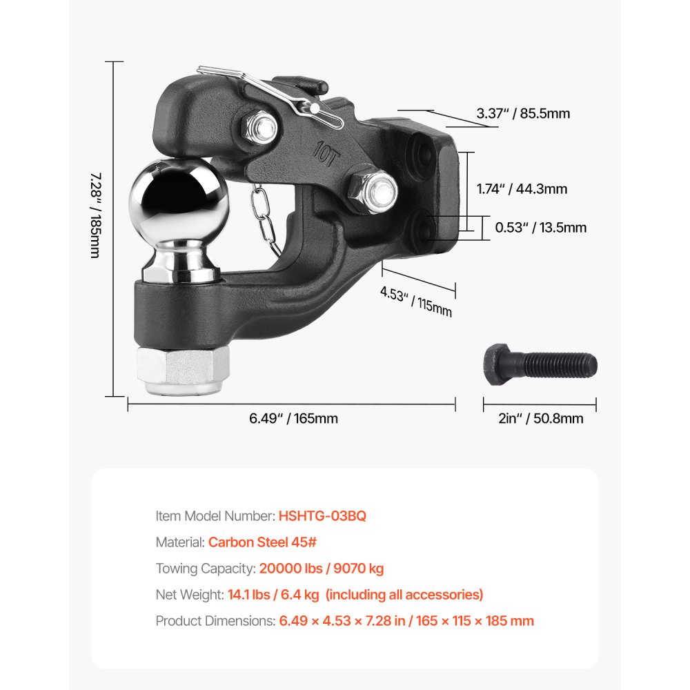VEVOR Gancho de Enganche, Capacidad de Remolque de 9070 kg, Bola de Enganche Combinada de 2-5/16 pulgadas con Kit de Montaje, para Anillos de Luneta de 2,5"-3", Revestimiento de Polvo Negro