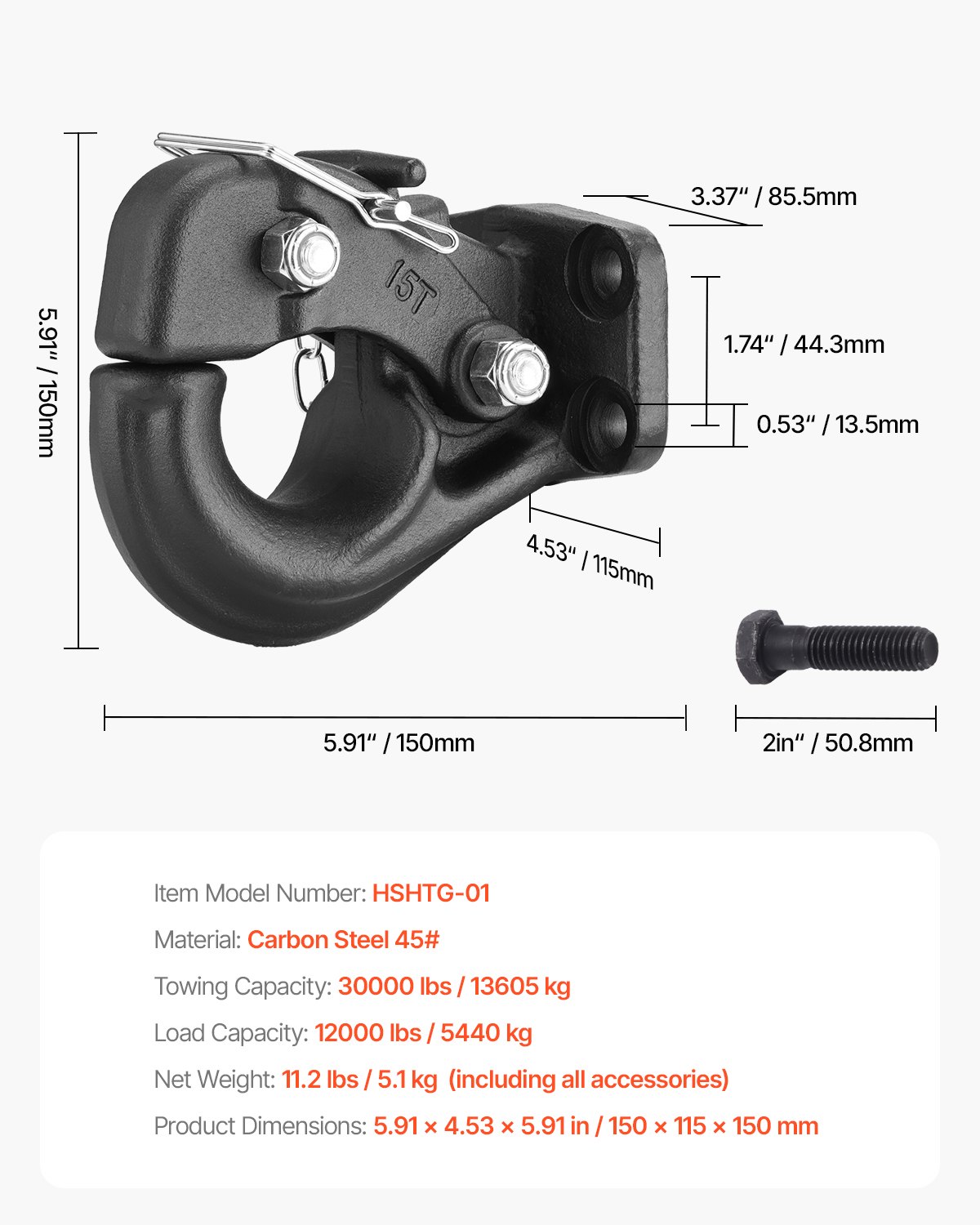 VEVOR Gancho de Remolque, Capacidad de Remolque de 13605 kg, Gancho de Enganche de Remolque con Kit de Montaje para Anillos de Luneta de 2,5"-3", Revestimiento de Polvo Negro, para Varios Vehículos