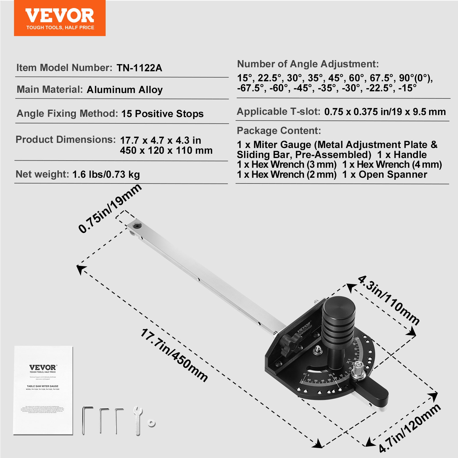VEVOR Calibre de inglete de precisión, ranura estándar de 3/4'' x 3/8'', calibre de inglete para sierra de mesa de aleación de aluminio con 15 topes de ángulo, émbolo con resorte ajustable y disco ext