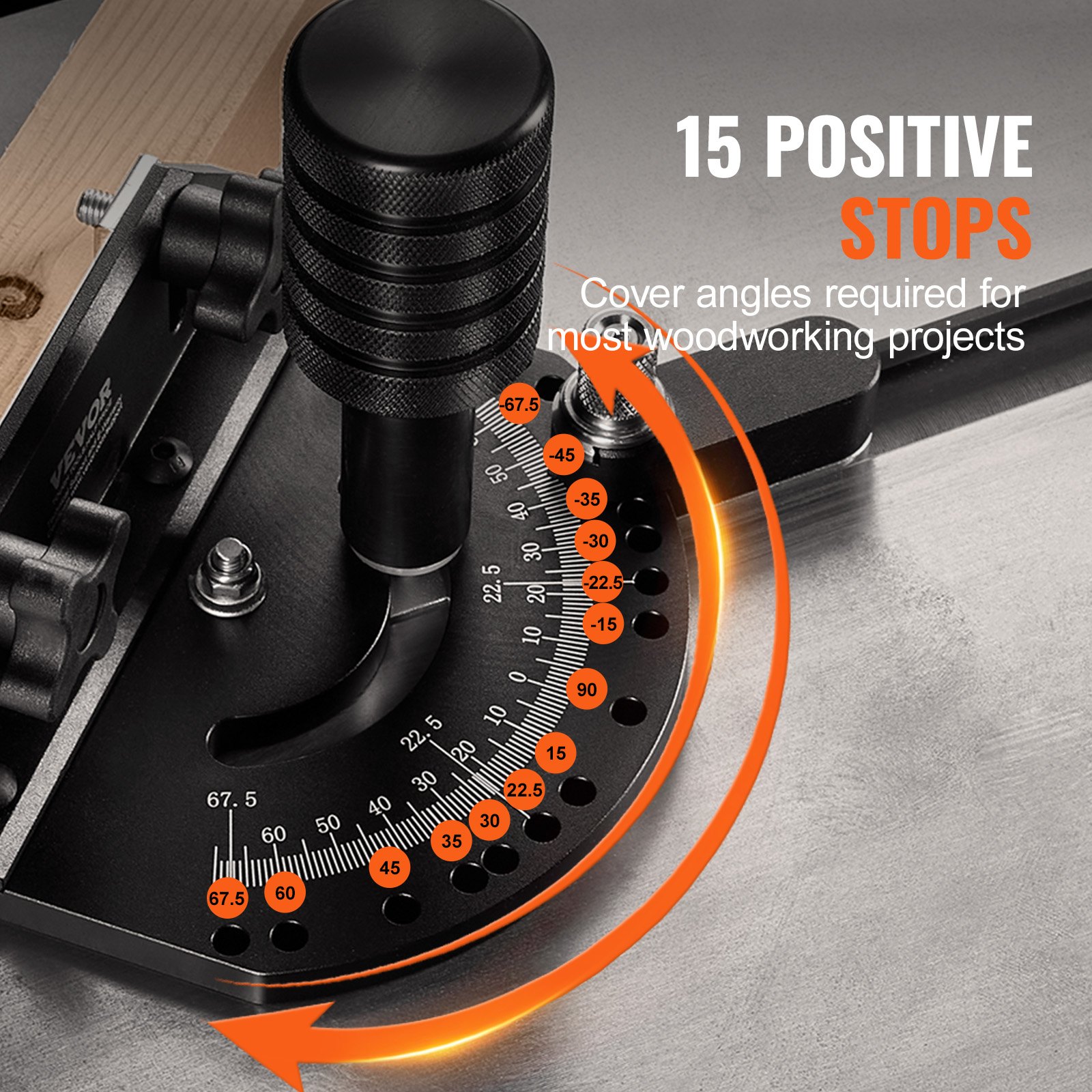 VEVOR miter gauge, standard slot 19 x 10 mm, aluminum alloy with 48-89 cm indexing, 15 angle stops, adjustable piston and removable disc, for woodworking