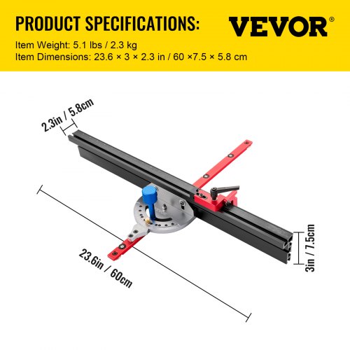 VEVOR Sierra de Mesa Calibre de Ingletes 610 mm Regla de Precisión Inglete de Aleación de Aluminio de Marcado Láser 60° Ajustable Herramienta de Carpintería para Mesas de Enrutador y Ensambladoras