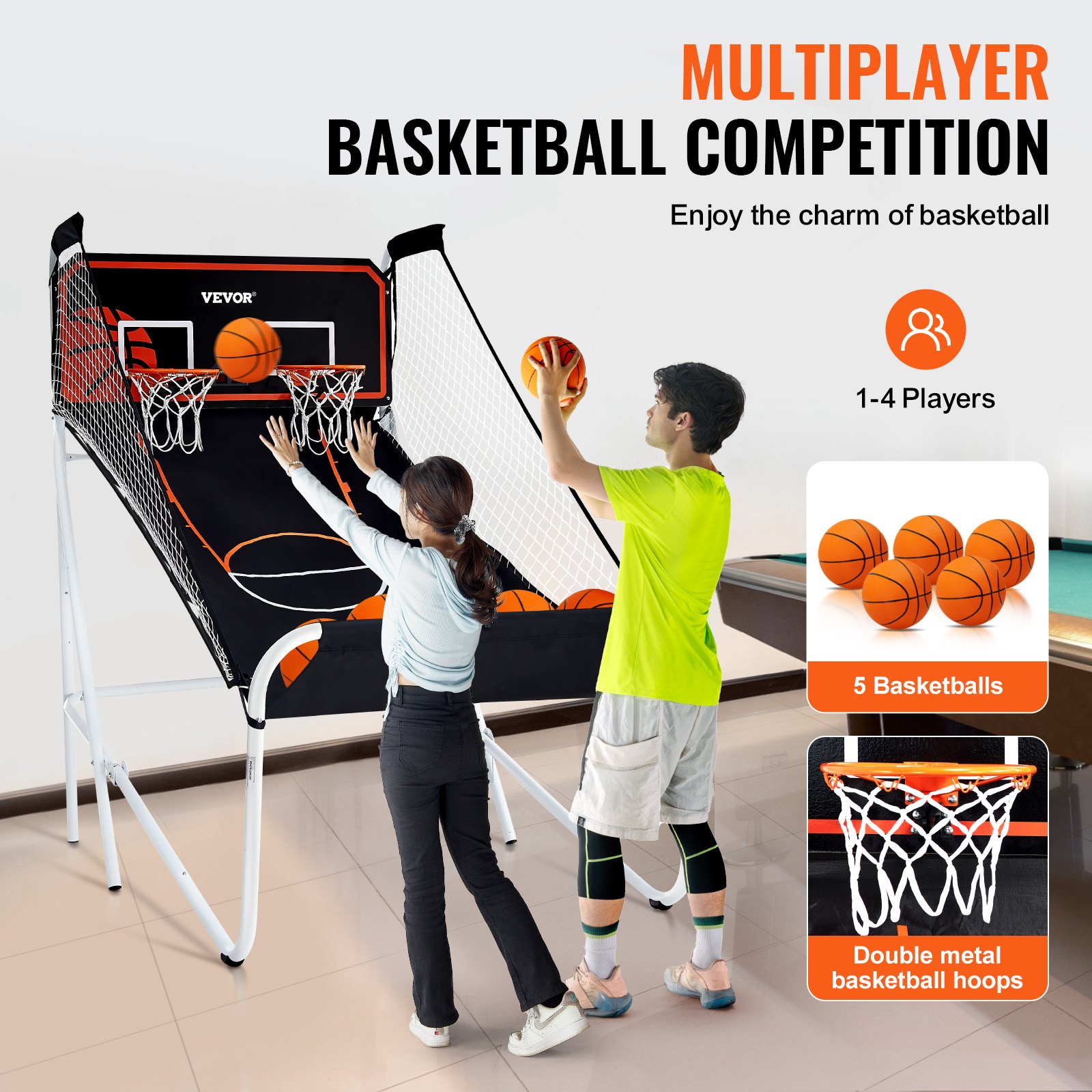 VEVOR Foldable Indoor Basketball Game for 2 Players, Basketball Machine, Basketball Stand with 5 Balls & 8 Game Modes & 2 Basketball Hoops & Inflation Pump, for Children, Adults (Black & White)