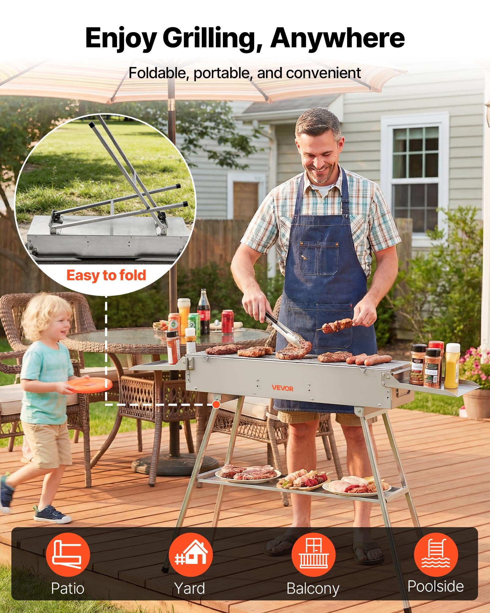 VEVOR Barbacoa de Carbón Plegable 0,16 m², Parrilla de Carbón Portátil con Bandeja de Carbón Elevable y Mesas Laterales, Barbacoa de Acero Inoxidable para Acampar al Aire Libre, Fiestas en Jardín