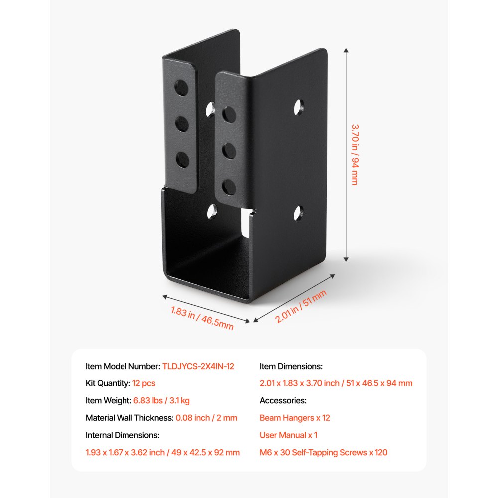 VEVOR beam shoe, beam connector with concealed flange for outdoor use with screws, steel post support for 49x92 mm beams, timber connector for swings, fences, wooden slides, 12 pcs.