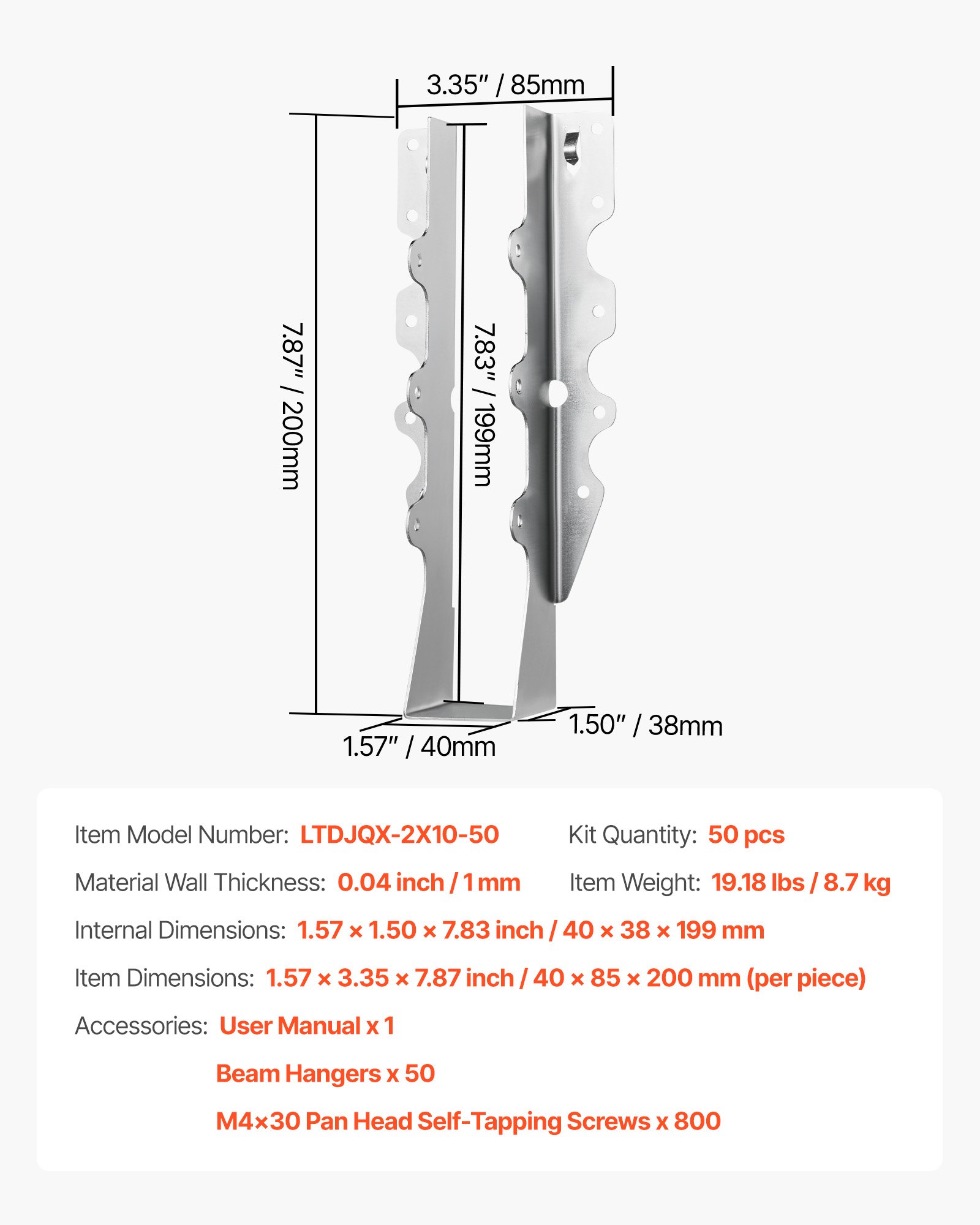 VEVOR 50 pcs. Joist hanger, timber connector, internal dimensions 40x38x199 mm, joist connector, joist support with rustproof coating, post support connecting clips for floor coverings & ceiling trusses