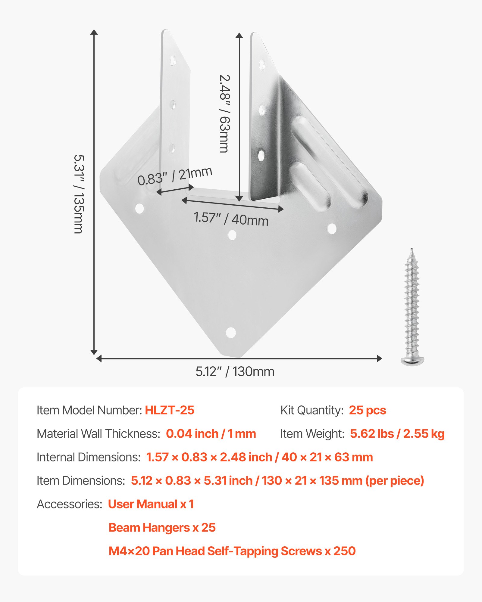 VEVOR timber connectors, internal dimensions 40x21x63 mm, beam connectors made of high-strength steel with black rust protection coating, post supports, beam supports for roof beam timber constructions, 25 pieces