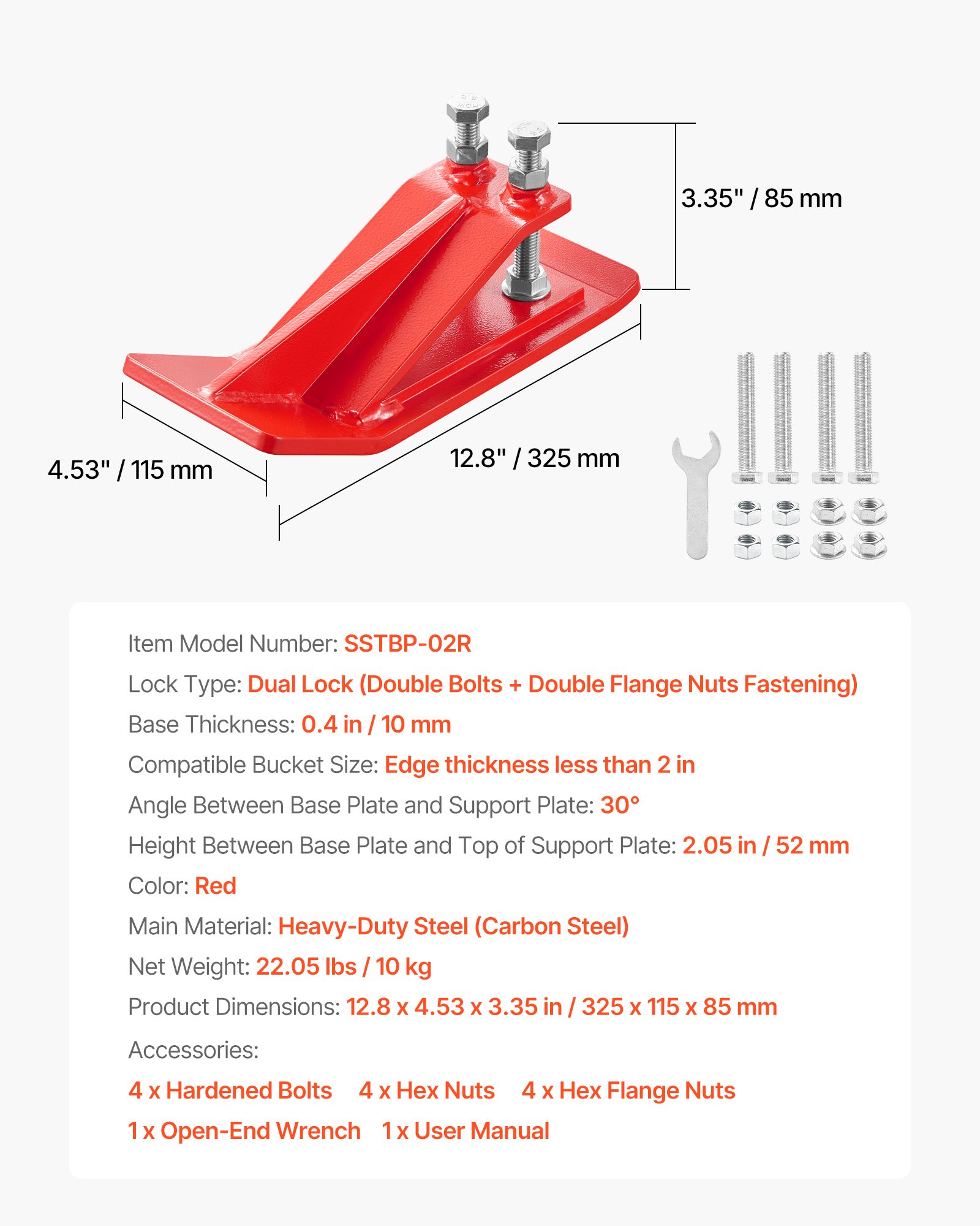 VEVOR Protector de Cucharón de Tractor 2 Piezas Protector de Cubo para Tractor de acero con Tuercas y Pernos Accesorio para Cucharón para Nieve, Remoción de Hojas, Esparcimiento de Grava, Rojo