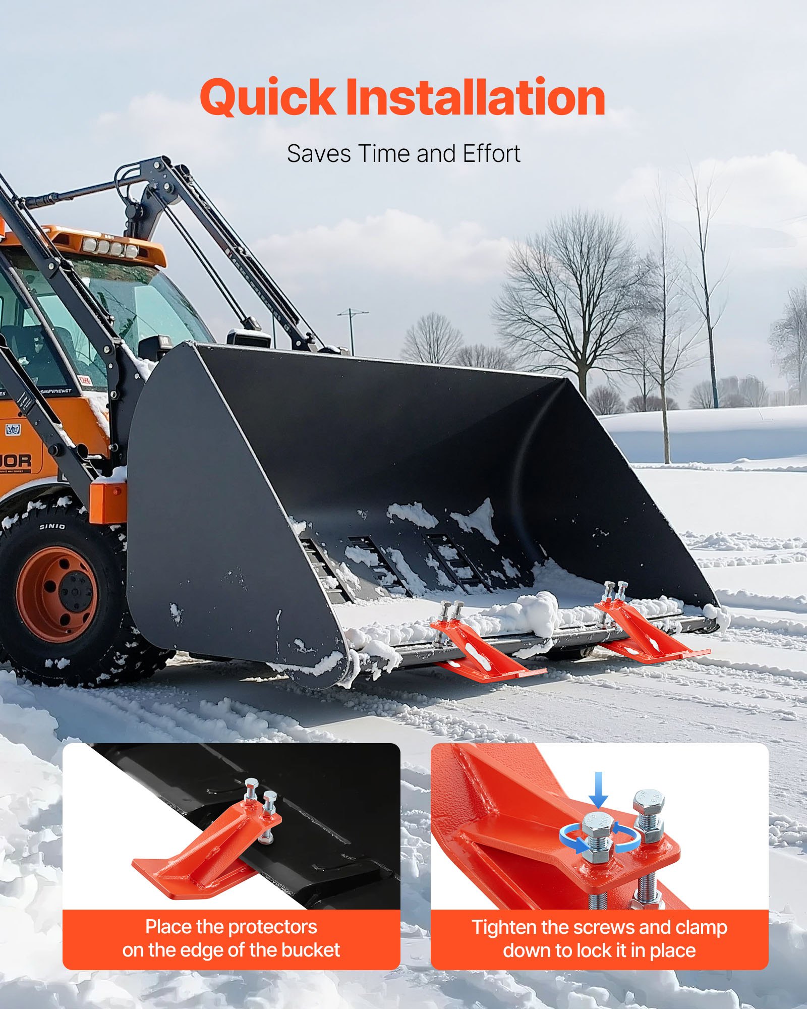 VEVOR Protector de Cucharón de Tractor 2 Piezas Protector de Cubo para Tractor de Acero con Tuercas y Pernos Accesorio para Cucharón para Nieve, Remoción de Hojas, Esparcimiento de Grava, Naranja
