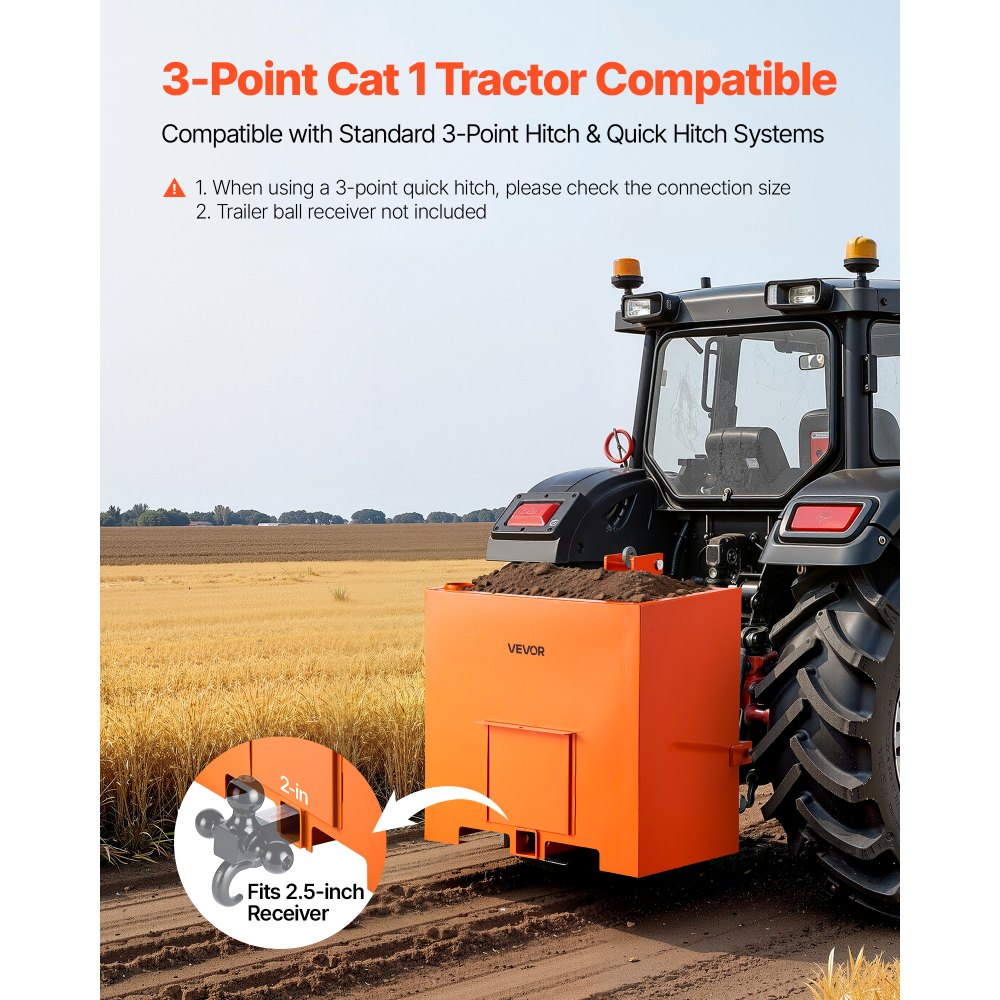 VEVOR Caja de Lastre con Enganche de 3 Puntos para Tractores, Volumen de 0,14 m³, Capacidad de Carga de 363 kg, Contrapeso Compatible con Tractor de Categoría 1, con Receptor de Remolque, Naranja