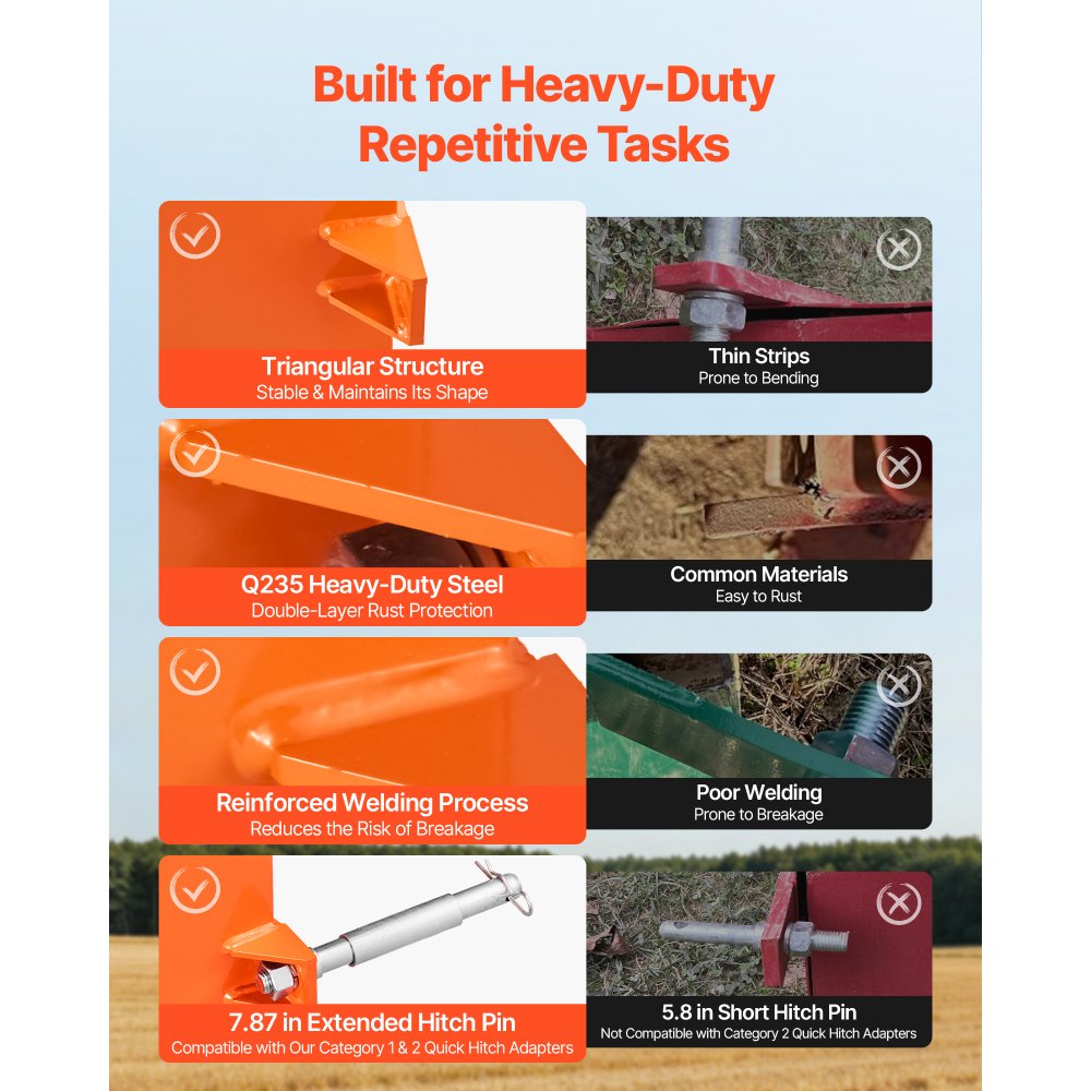 VEVOR Caja de Lastre con Enganche de 3 Puntos para Tractores, Volumen de 0,14 m³, Capacidad de Carga de 363 kg, Contrapeso Compatible con Tractor de Categoría 1, con Receptor de Remolque, Naranja