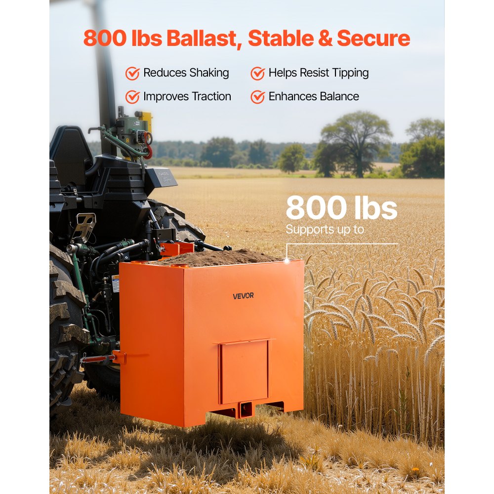 VEVOR Caja de Lastre con Enganche de 3 Puntos para Tractores, Volumen de 0,14 m³, Capacidad de Carga de 363 kg, Contrapeso Compatible con Tractor de Categoría 1, con Receptor de Remolque, Naranja