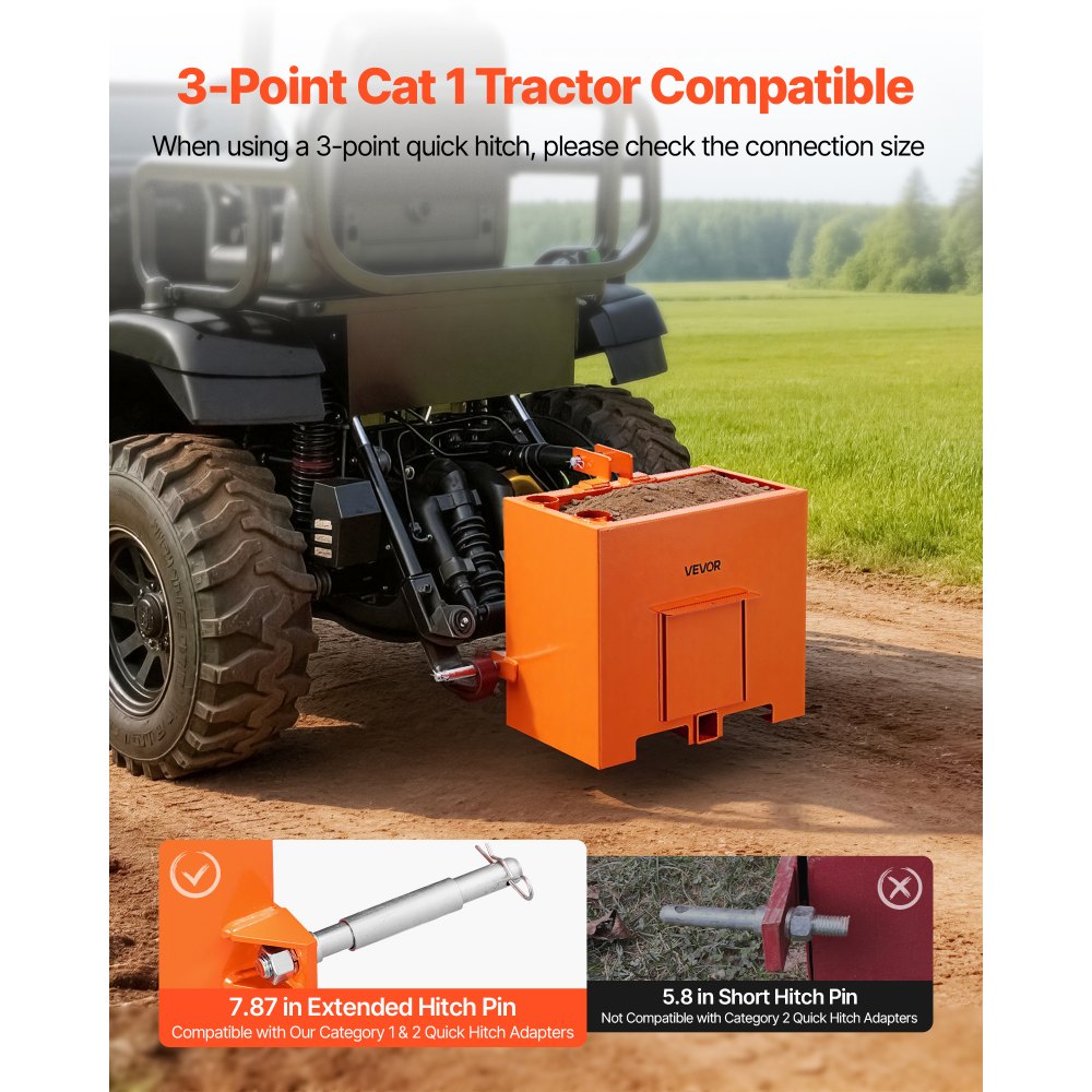 VEVOR Caja de Lastre con Enganche de 3 Puntos para Tractores, Capacidad de 0,09 m³, Carga de 363 kg, Contrapeso para Tractor de Categoría 1, Enganche de Remolque Universal, de Acero, Color Naranja