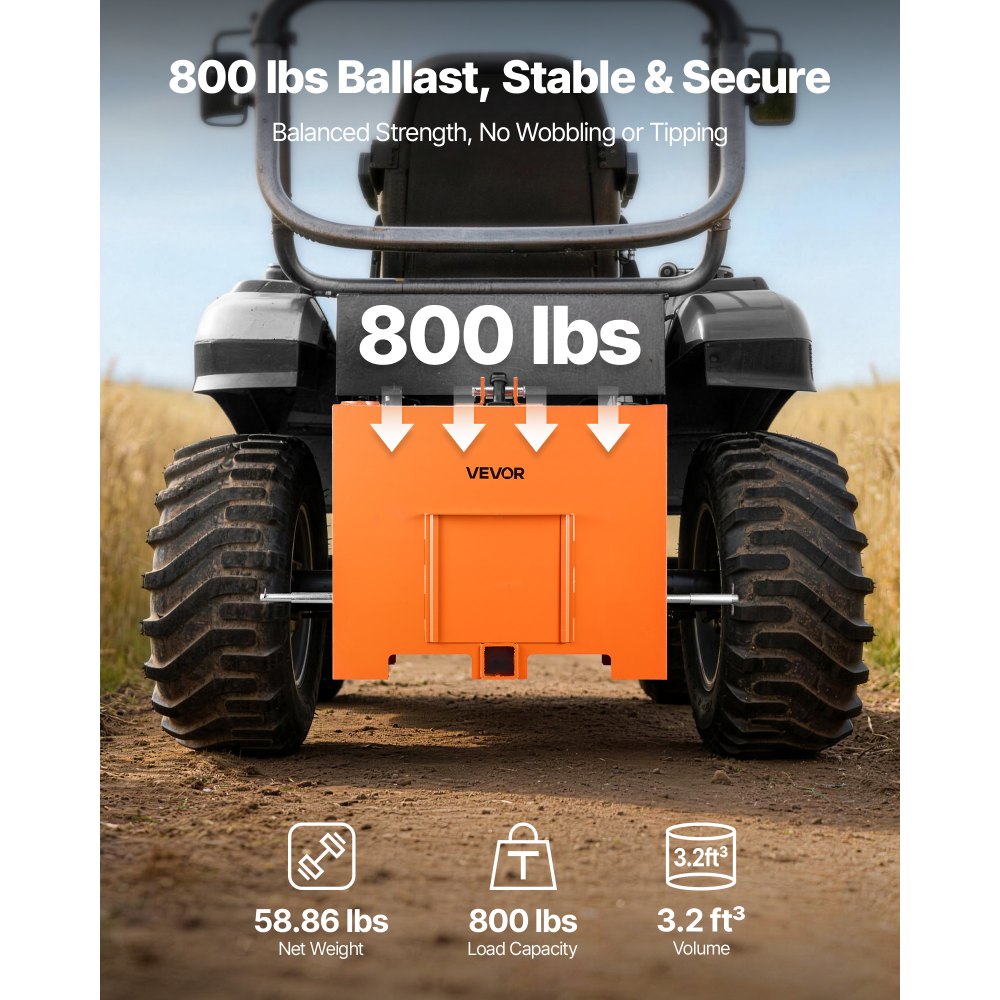 VEVOR Caja de Lastre con Enganche de 3 Puntos para Tractores, Capacidad de 0,09 m³, Carga de 363 kg, Contrapeso para Tractor de Categoría 1, Enganche de Remolque Universal, de Acero, Color Naranja