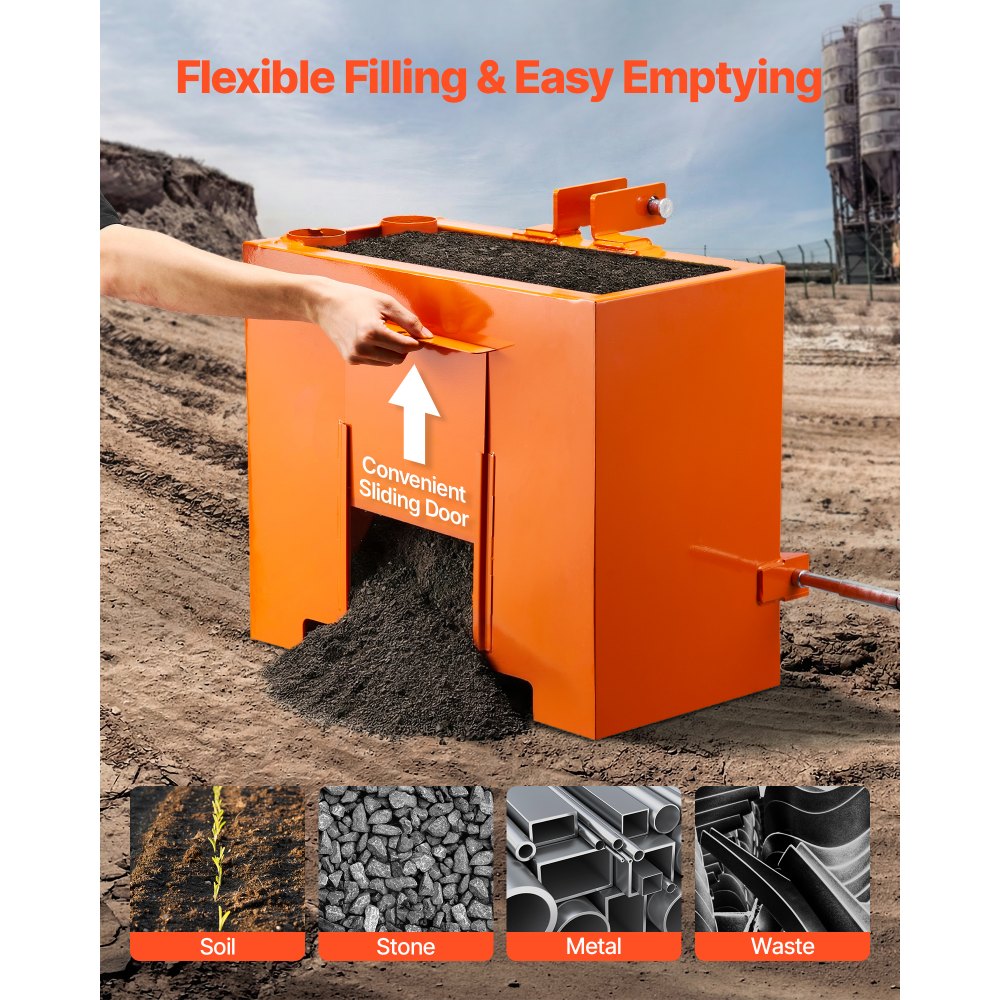 VEVOR Caja de Lastre con Enganche de 3 Puntos para Tractores, Capacidad de 0,09 m³, Carga de 363 kg, Contrapeso para Tractor de Categoría 1, Enganche de Remolque Universal, de Acero, Color Naranja