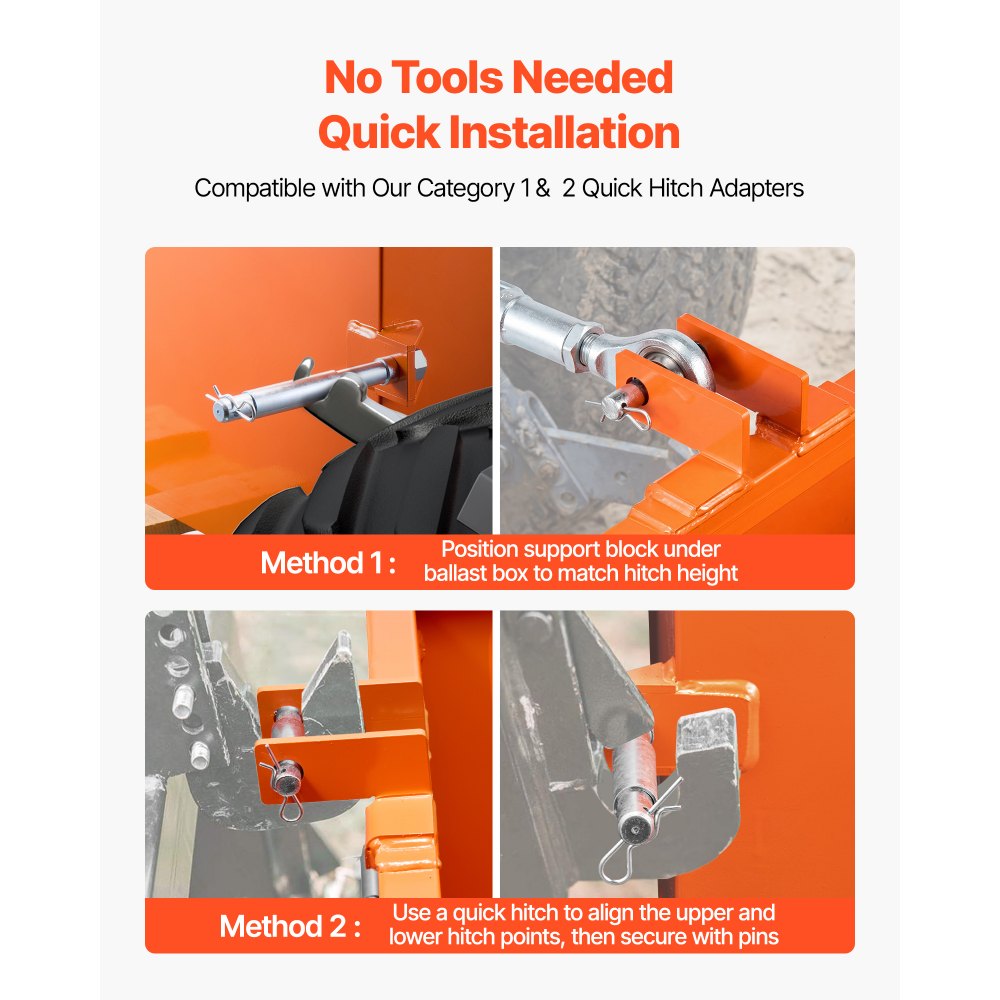 VEVOR Caja de Lastre con Enganche de 3 Puntos para Tractores, Capacidad de 0,09 m³, Carga de 363 kg, Contrapeso para Tractor de Categoría 1, Enganche de Remolque Universal, de Acero, Color Naranja