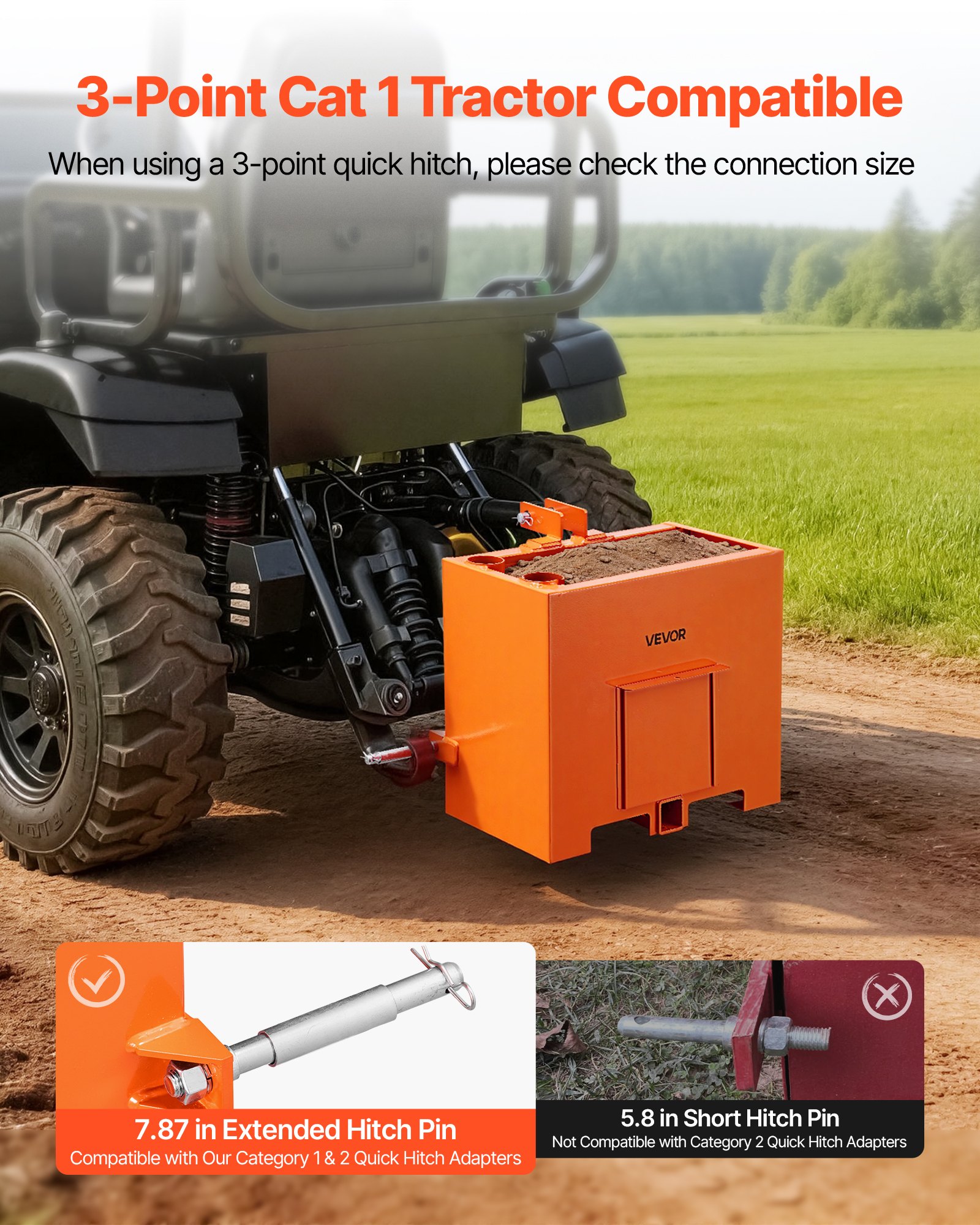 VEVOR Caja de Lastre con Enganche de 3 Puntos para Tractores, Capacidad de 0,09 m³, Carga de 363 kg, Contrapeso para Tractor de Categoría 1, Enganche de Remolque Universal, de Acero, Color Naranja