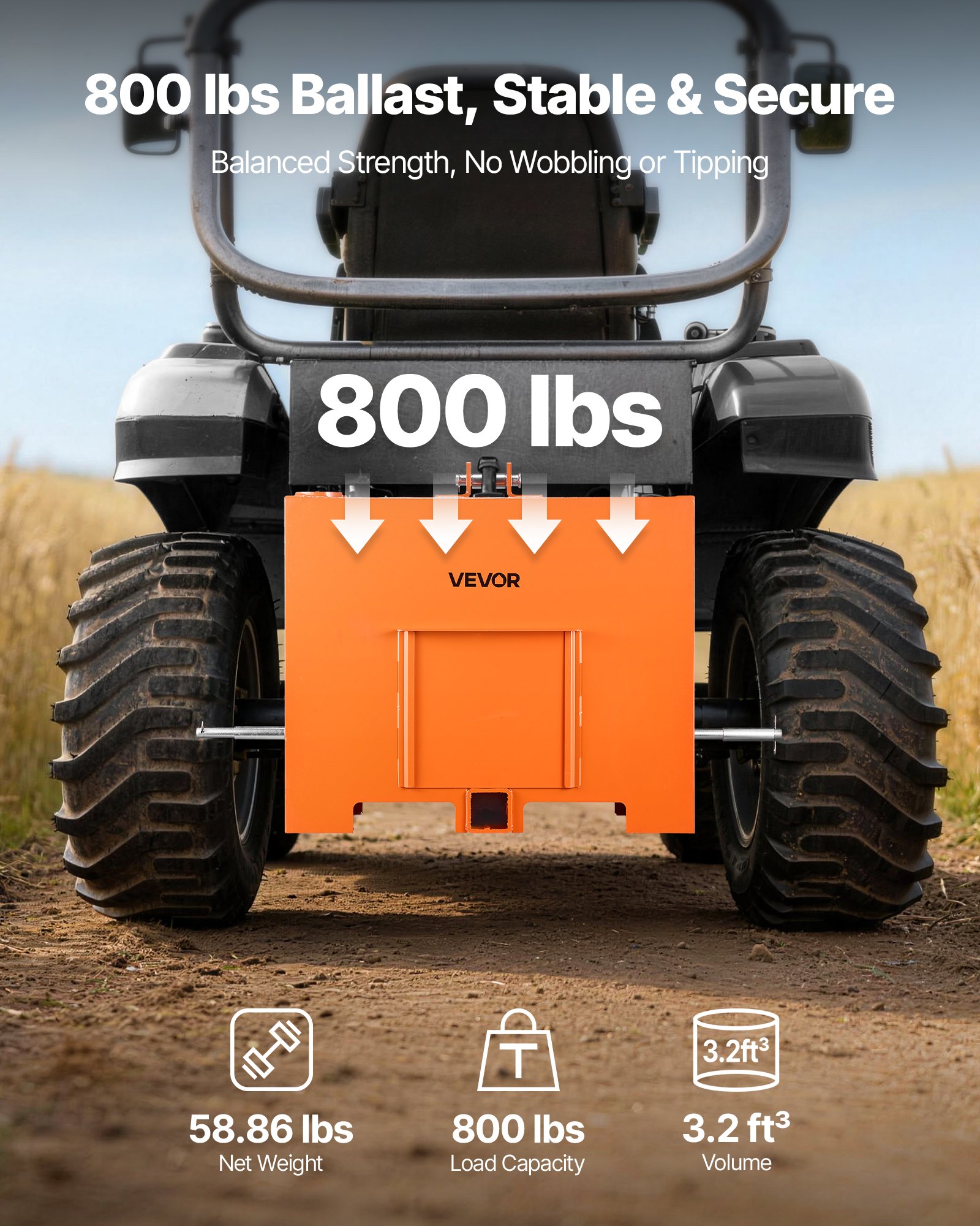 VEVOR Caja de Lastre con Enganche de 3 Puntos para Tractores, Capacidad de 0,09 m³, Carga de 363 kg, Contrapeso para Tractor de Categoría 1, Enganche de Remolque Universal, de Acero, Color Naranja
