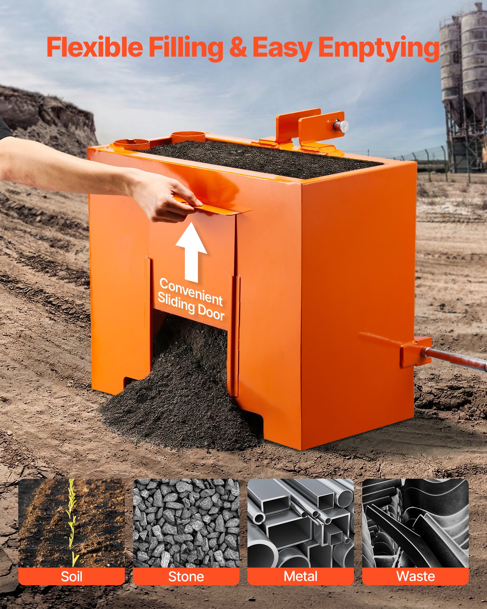 VEVOR Caja de Lastre con Enganche de 3 Puntos para Tractores, Capacidad de 0,09 m³, Carga de 363 kg, Contrapeso para Tractor de Categoría 1, Enganche de Remolque Universal, de Acero, Color Naranja