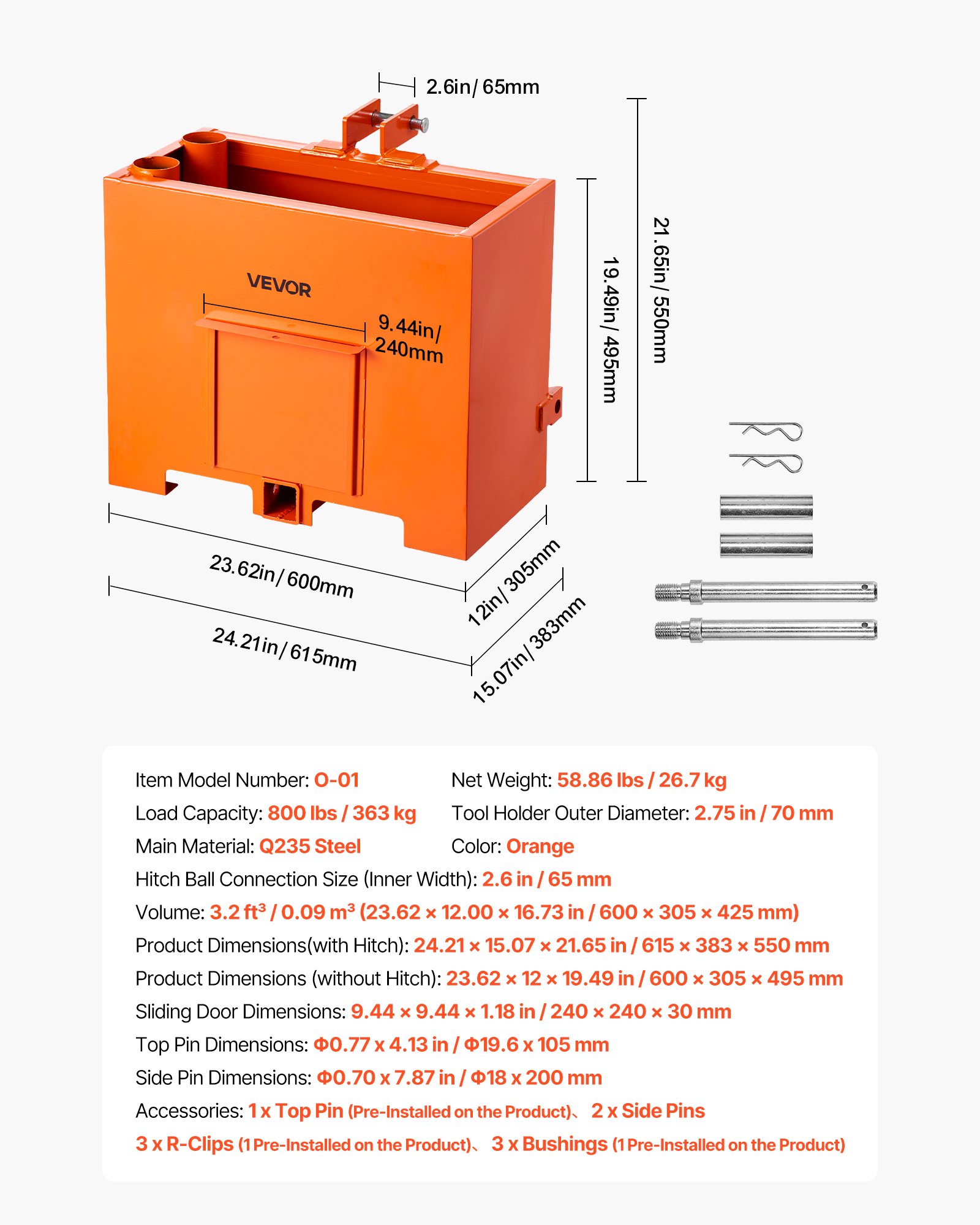 VEVOR Caja de Lastre con Enganche de 3 Puntos para Tractores, Capacidad de 0,09 m³, Carga de 363 kg, Contrapeso para Tractor de Categoría 1, Enganche de Remolque Universal, de Acero, Color Naranja