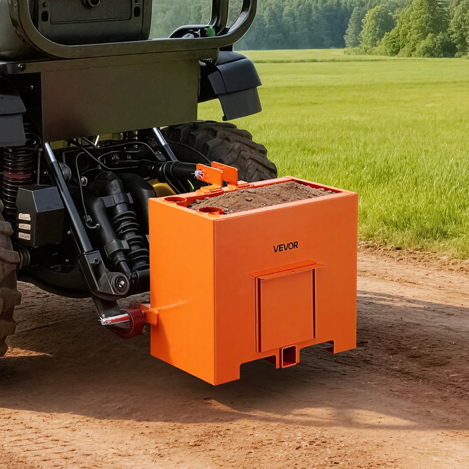 VEVOR Caja de Lastre con Enganche de 3 Puntos para Tractores, Capacidad de 0,09 m³, Carga de 363 kg, Contrapeso para Tractor de Categoría 1, Enganche de Remolque Universal, de Acero, Color Naranja