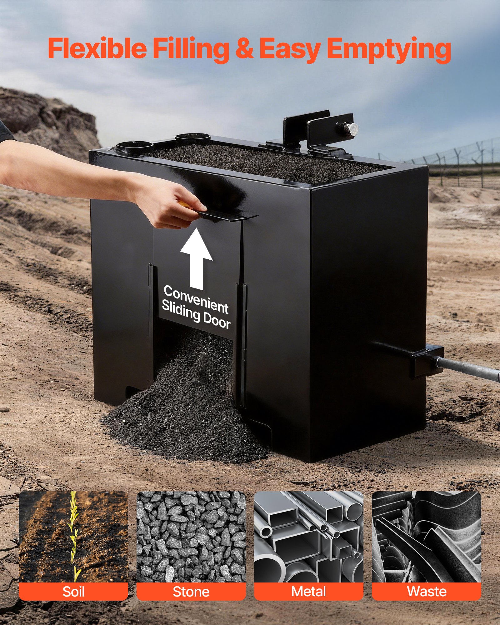 VEVOR Caja de Lastre con Enganche de 3 Puntos para Tractores, Capacidad de Carga de 363 kg, Contrapeso para Tractor de Categoría 1, Enganche de Remolque Estándar, Caja de Balasto de Acero, Color Negro