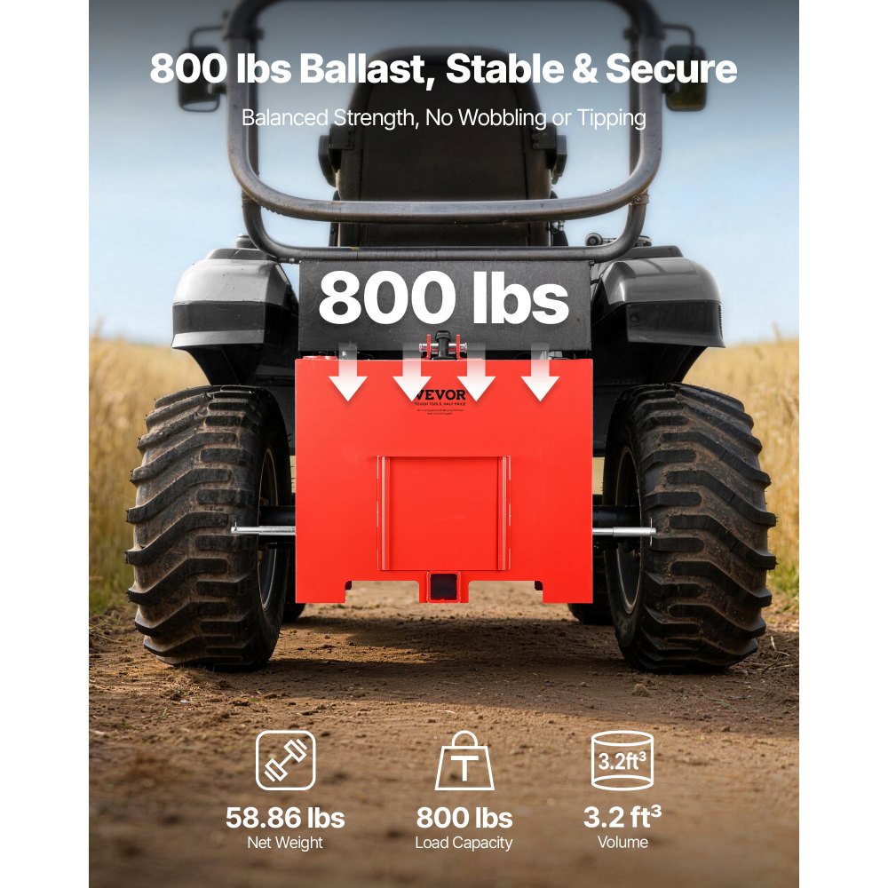 VEVOR Caja de Lastre con Enganche de 3 Puntos para Tractores, Capacidad de 0,09 m³ 363 kg, Contrapeso para Tractor Categoría 1, Enganche de Remolque Estándar, Caja de Balasto de Acero con Puerta, Rojo