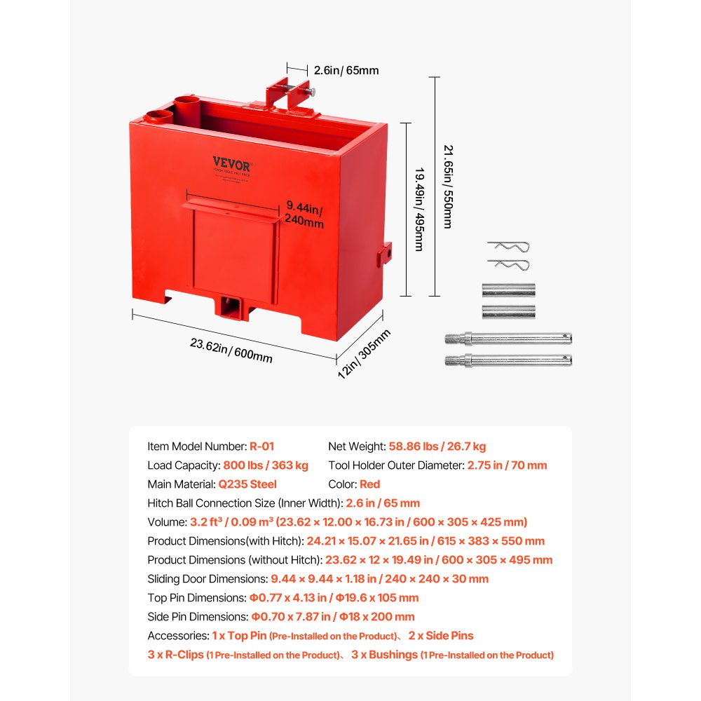 VEVOR Caja de Lastre con Enganche de 3 Puntos para Tractores, Capacidad de 0,09 m³ 363 kg, Contrapeso para Tractor Categoría 1, Enganche de Remolque Estándar, Caja de Balasto de Acero con Puerta, Rojo