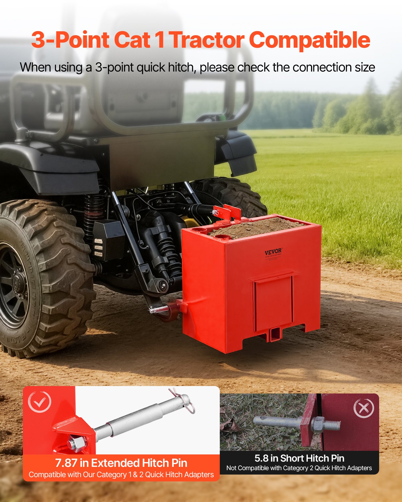 VEVOR Caja de Lastre con Enganche de 3 Puntos para Tractores, Capacidad de 0,09 m³ 363 kg, Contrapeso para Tractor Categoría 1, Enganche de Remolque Estándar, Caja de Balasto de Acero con Puerta, Rojo