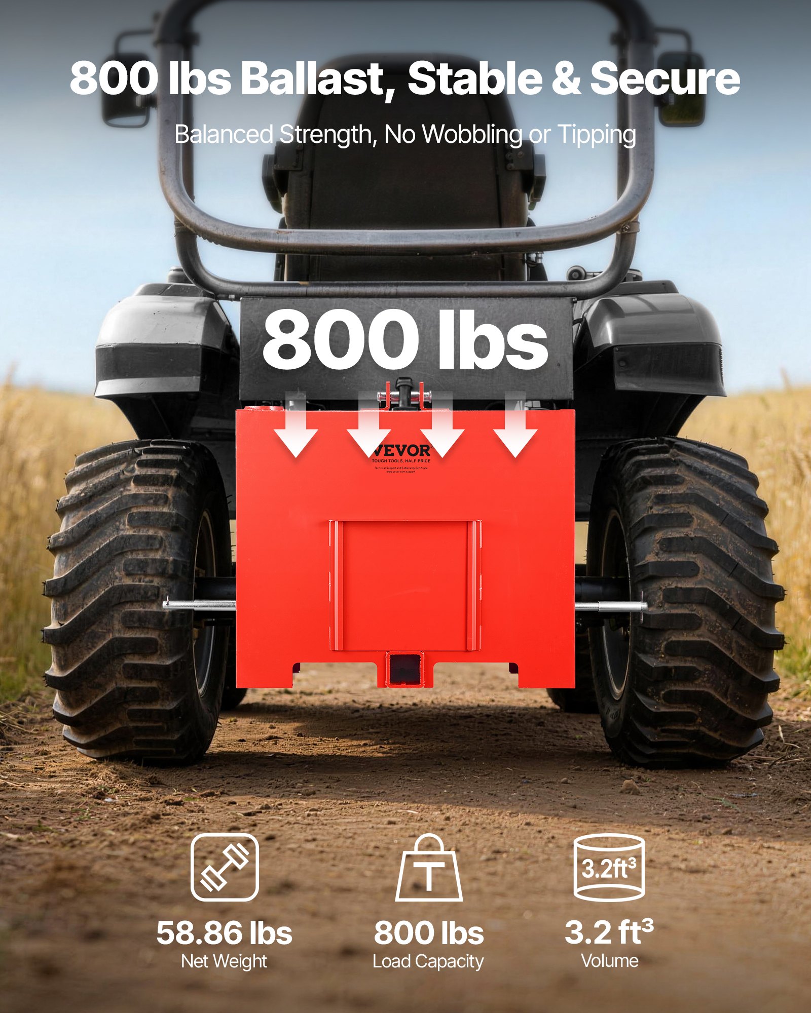 VEVOR Caja de Lastre con Enganche de 3 Puntos para Tractores, Capacidad de 0,09 m³ 363 kg, Contrapeso para Tractor Categoría 1, Enganche de Remolque Estándar, Caja de Balasto de Acero con Puerta, Rojo