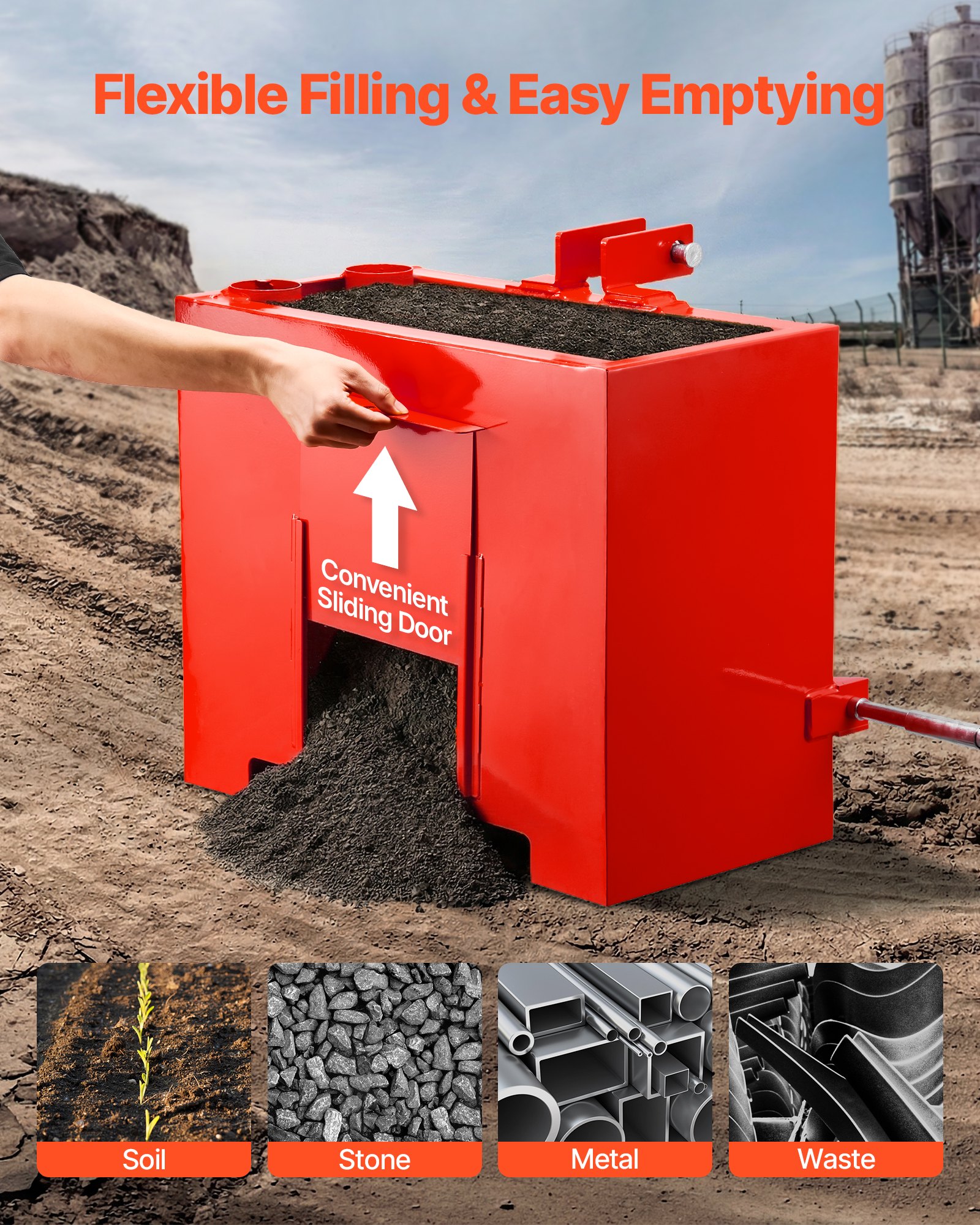 VEVOR Caja de Lastre con Enganche de 3 Puntos para Tractores, Capacidad de 0,09 m³ 363 kg, Contrapeso para Tractor Categoría 1, Enganche de Remolque Estándar, Caja de Balasto de Acero con Puerta, Rojo