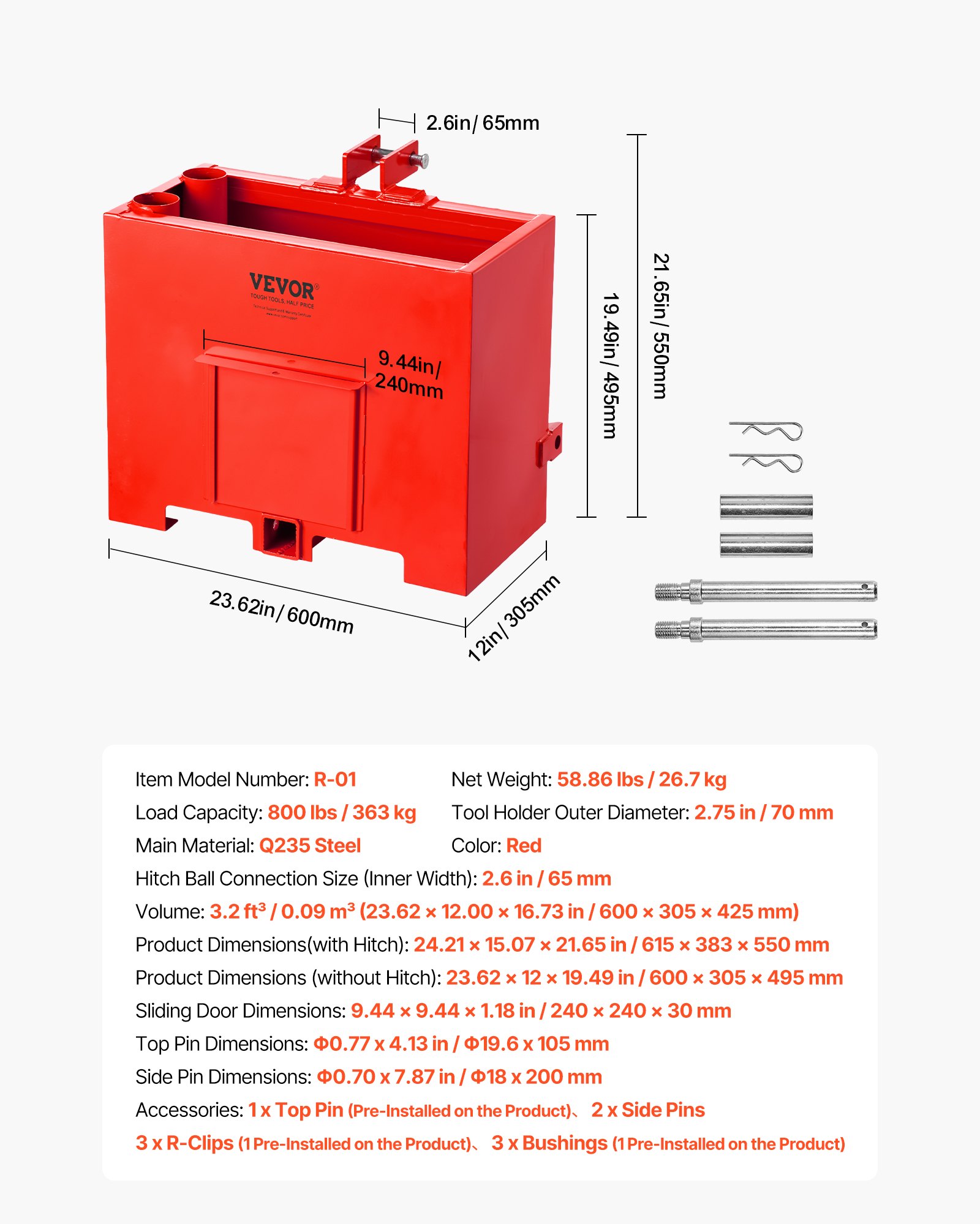 VEVOR Caja de Lastre con Enganche de 3 Puntos para Tractores, Capacidad de 0,09 m³ 363 kg, Contrapeso para Tractor Categoría 1, Enganche de Remolque Estándar, Caja de Balasto de Acero con Puerta, Rojo