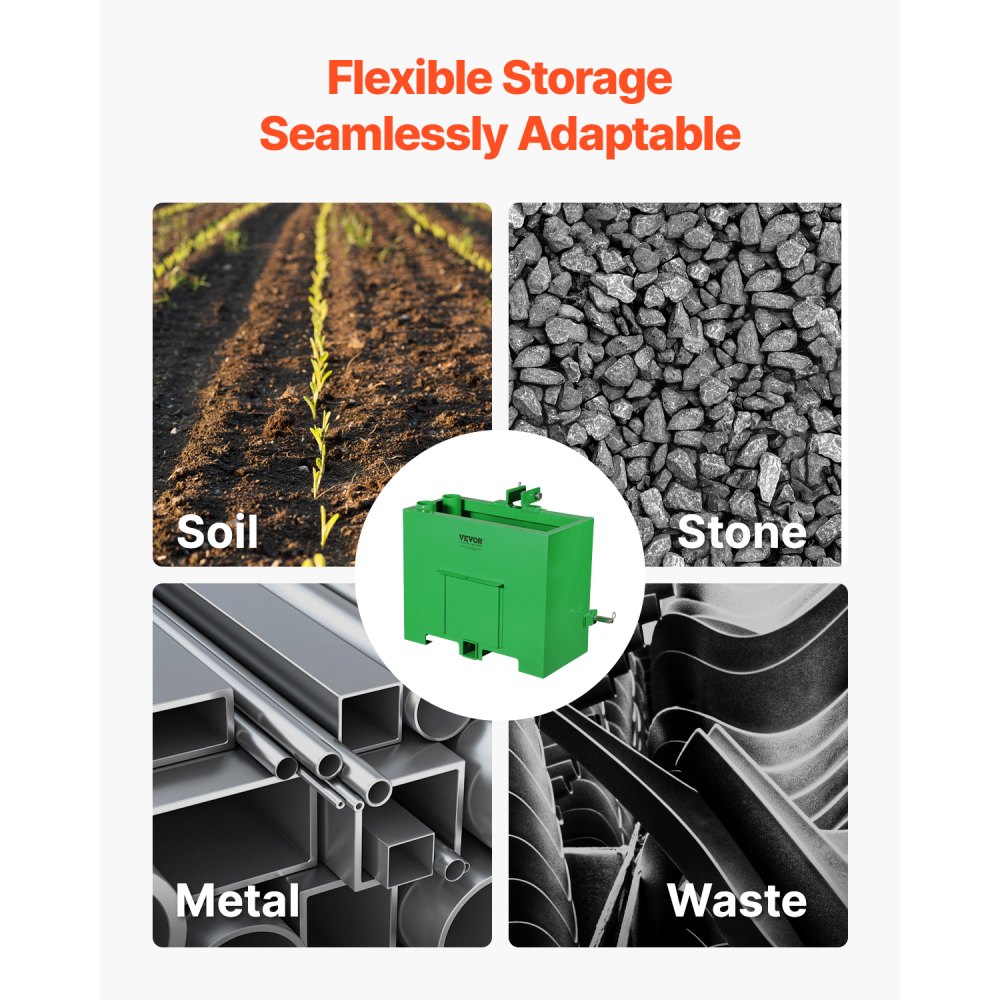 VEVOR Caja de Lastre, Lastre de Tractor de Categoría 1 de 3 Puntos Carga de 362,87kg para Receptor de Enganche de 5cm Accesorio de Cargador de Volumen de 0,12m³ de Acero con Puerta Corrediza, Verde