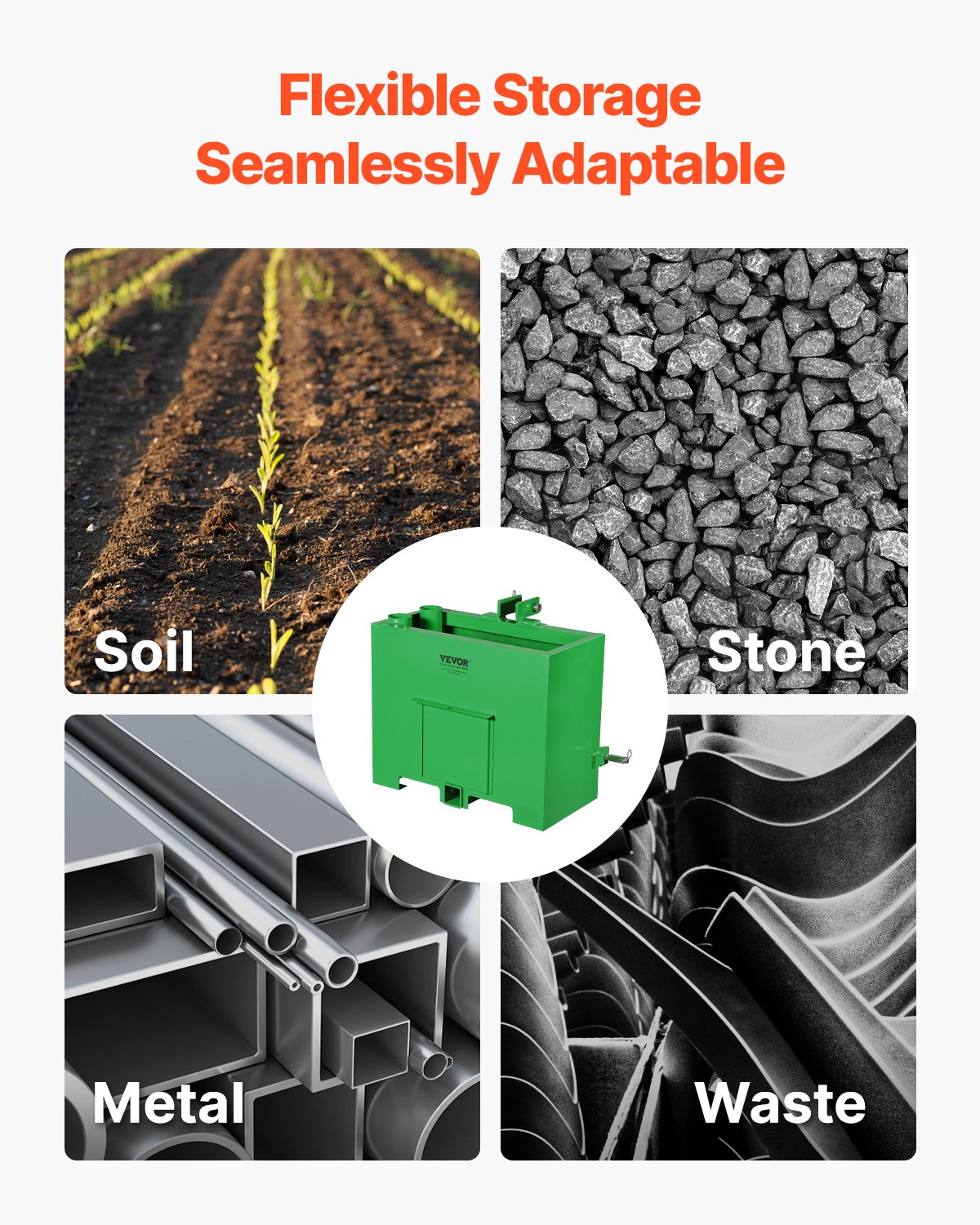 VEVOR Caja de Lastre, Lastre de Tractor de Categoría 1 de 3 Puntos Carga de 362,87kg para Receptor de Enganche de 5cm Accesorio de Cargador de Volumen de 0,12m³ de Acero con Puerta Corrediza, Verde