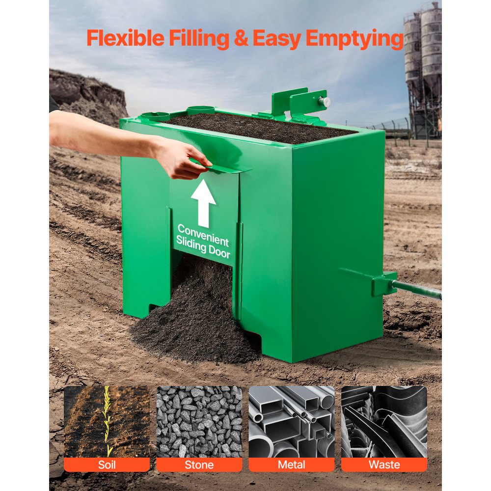 VEVOR Caja de Lastre con Enganche de 3 Puntos para Tractores, Capacidad de 0,09 m³ 363 kg, Caja de Balasto para Tractor de Categoría 1, Enganche de Remolque Estándar 55 mm, Contrapeso de Acero, Verde