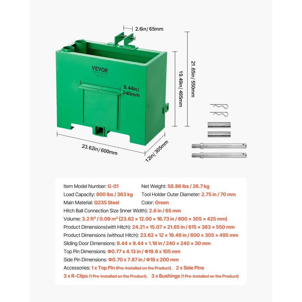 VEVOR Caja de Lastre con Enganche de 3 Puntos para Tractores, Capacidad de 0,09 m³ 363 kg, Caja de Balasto para Tractor de Categoría 1, Enganche de Remolque Estándar 55 mm, Contrapeso de Acero, Verde