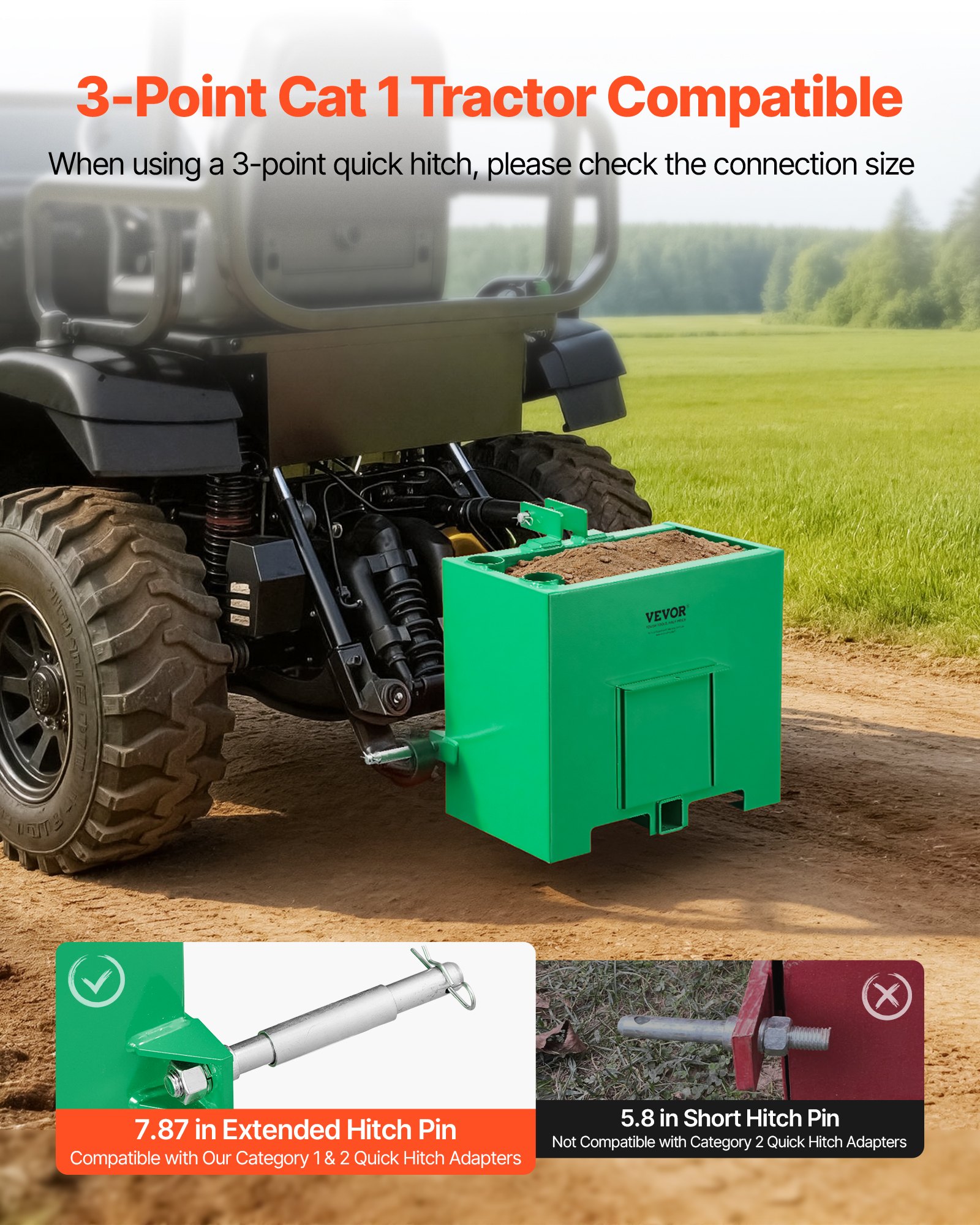 VEVOR Caja de Lastre con Enganche de 3 Puntos para Tractores, Capacidad de 0,09 m³ 363 kg, Caja de Balasto para Tractor de Categoría 1, Enganche de Remolque Estándar 55 mm, Contrapeso de Acero, Verde