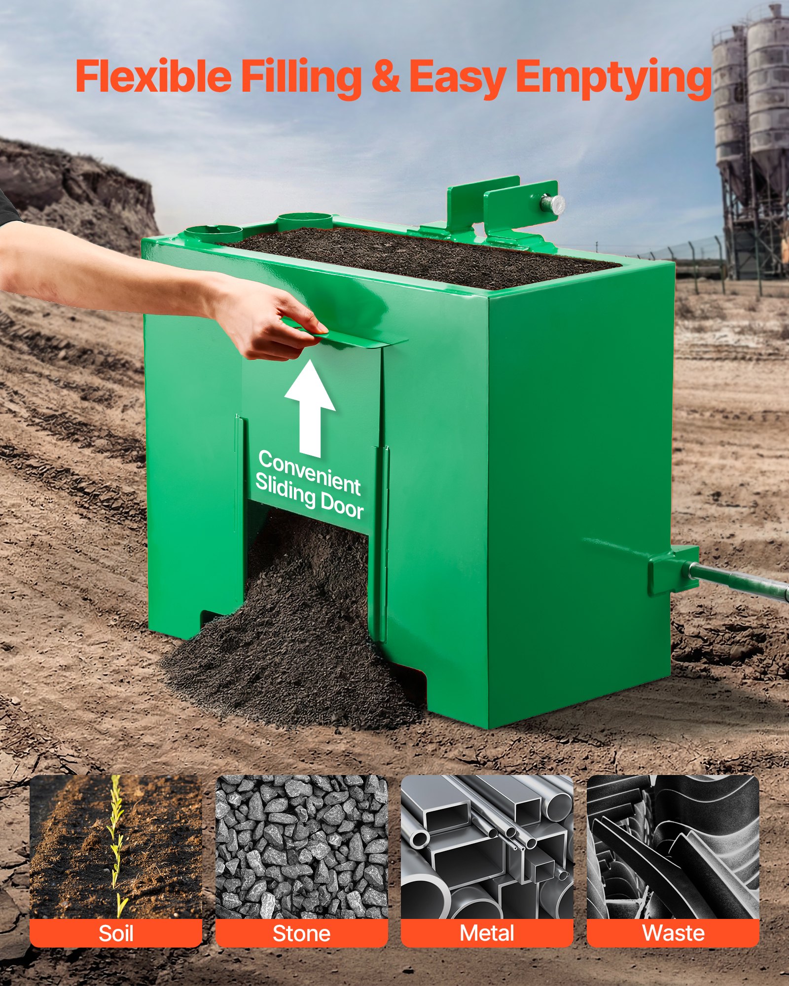 VEVOR Caja de Lastre con Enganche de 3 Puntos para Tractores, Capacidad de 0,09 m³ 363 kg, Caja de Balasto para Tractor de Categoría 1, Enganche de Remolque Estándar 55 mm, Contrapeso de Acero, Verde