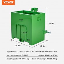 VEVOR Caja de Lastre de 3 Puntos para Tractor de Categoría 1, Caja de Lastre Capacidad de Carga 363kg para Receptor de Enganche de 50,8mm, Contrapeso de Acero Robusto para Cargadoras, Tractores, Verde