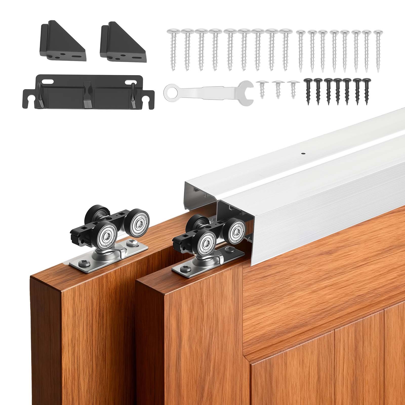 VEVOR Kit de Herrajes para Puertas Corredizas 121,92 cm Herraje para Puerta Corredera de Doble Riel de Aleación de Aluminio para Sistemas de 2 Puertas de 25-45 mm de Grosor y 610 mm de Ancho, Plata
