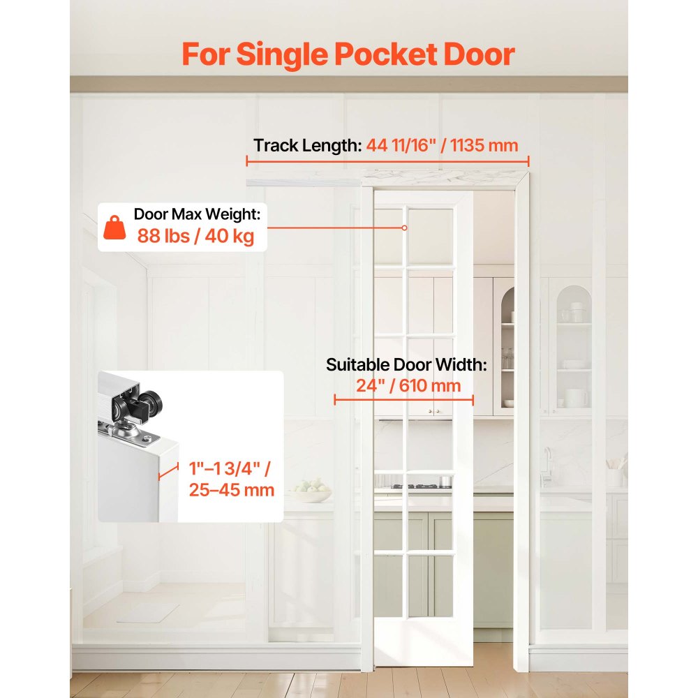 VEVOR Kit de Herrajes para Puerta Corrediza 113,5 cm, Herraje para Una Sola Puerta de 25-45 mm de Grosor y 610 mm de Ancho, Pista de Aleación de Aluminio, Deslizamiento Suave y Silencioso, Plata