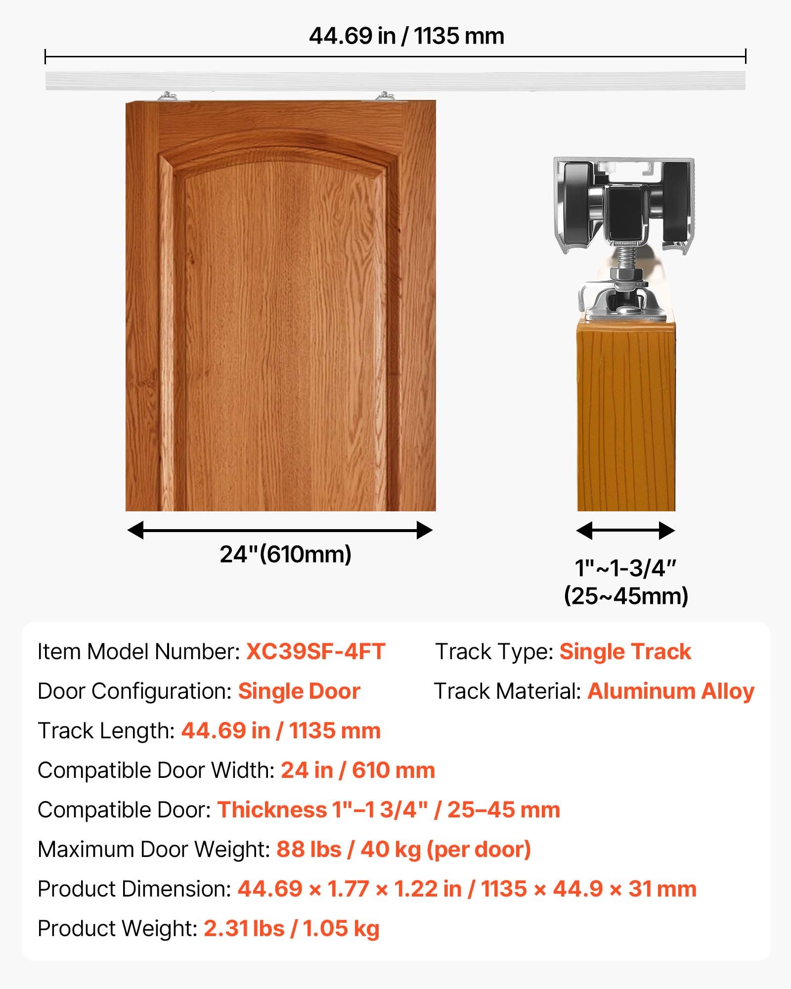 VEVOR Kit de Herrajes para Puerta Corrediza 113,5 cm, Herraje para Una Sola Puerta de 25-45 mm de Grosor y 610 mm de Ancho, Pista de Aleación de Aluminio, Deslizamiento Suave y Silencioso, Plata