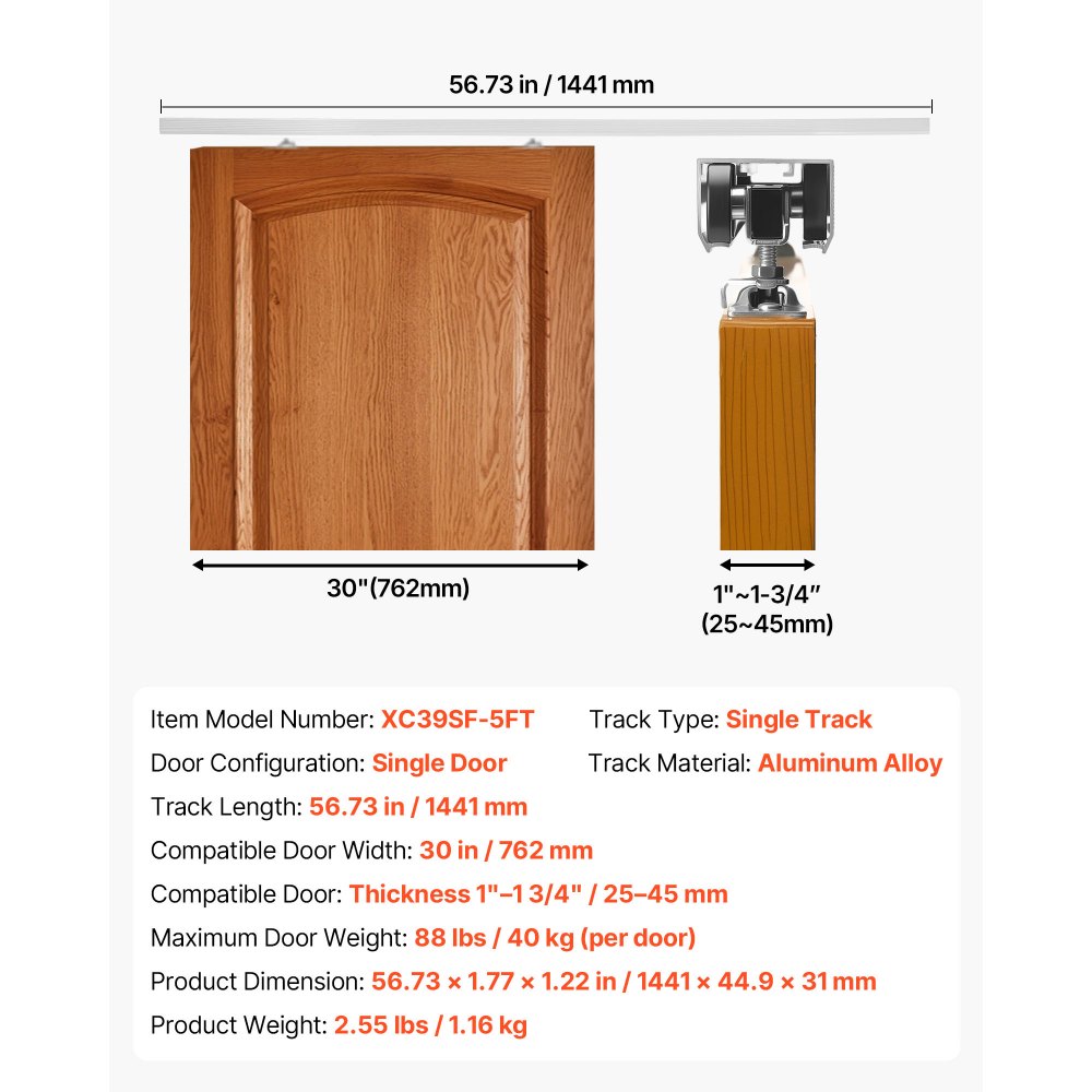 VEVOR Kit de Herrajes para Puerta Corrediza 144,1 cm, Herraje para Una Sola Puerta de 25-45 mm de Grosor y 762 mm de Ancho, Pista de Aleación de Aluminio, Deslizamiento Suave y Silencioso, Plata