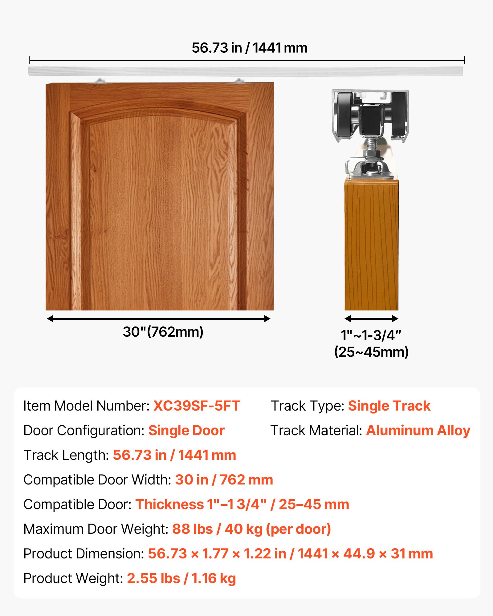 VEVOR Kit de Herrajes para Puerta Corrediza 144,1 cm, Herraje para Una Sola Puerta de 25-45 mm de Grosor y 762 mm de Ancho, Pista de Aleación de Aluminio, Deslizamiento Suave y Silencioso, Plata