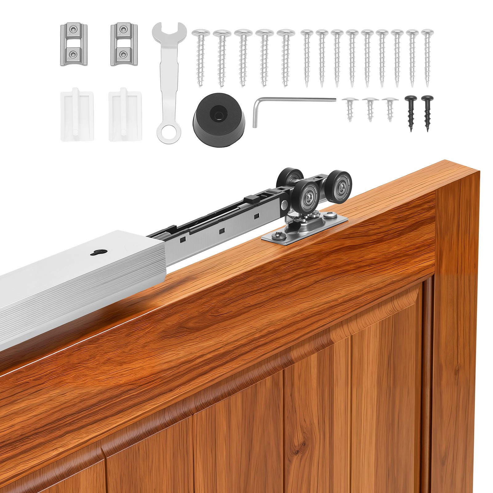 VEVOR Kit de Herrajes para Puerta Corrediza 144,1 cm, Herraje para Una Sola Puerta de 25-45 mm de Grosor y 762 mm de Ancho, Pista de Aleación de Aluminio, Deslizamiento Suave y Silencioso, Plata