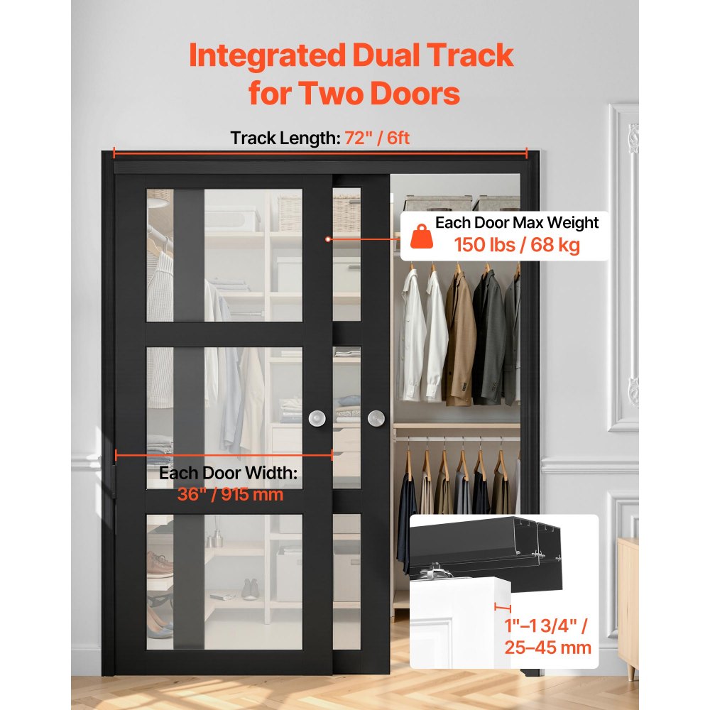 VEVOR Kit de Herrajes para Puertas Corredizas 182,88 cm Herraje para Puerta Corredera de Doble Riel de Aleación de Aluminio para Sistemas de 2 Puertas de 25-45 mm de Grosor y 762 mm de Ancho, Negro