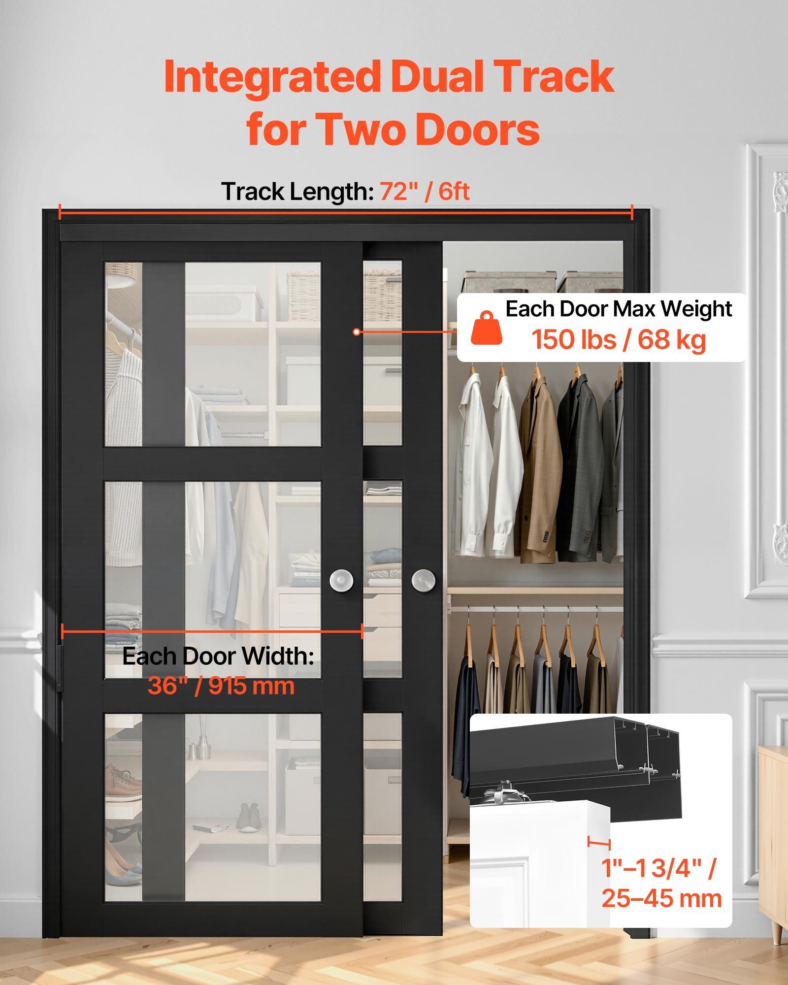 VEVOR Kit de Herrajes para Puertas Corredizas 182,88 cm Herraje para Puerta Corredera de Doble Riel de Aleación de Aluminio para Sistemas de 2 Puertas de 25-45 mm de Grosor y 762 mm de Ancho, Negro