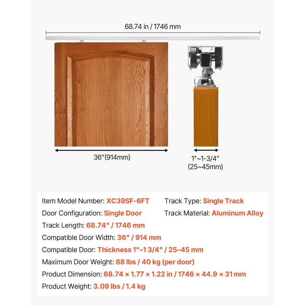 VEVOR Kit de Herrajes para Puerta Corrediza 174,6 cm, Herraje para Una Sola Puerta de 25-45 mm de Grosor y 914 mm de Ancho, Pista de Aleación de Aluminio, Deslizamiento Suave y Silencioso, Plata